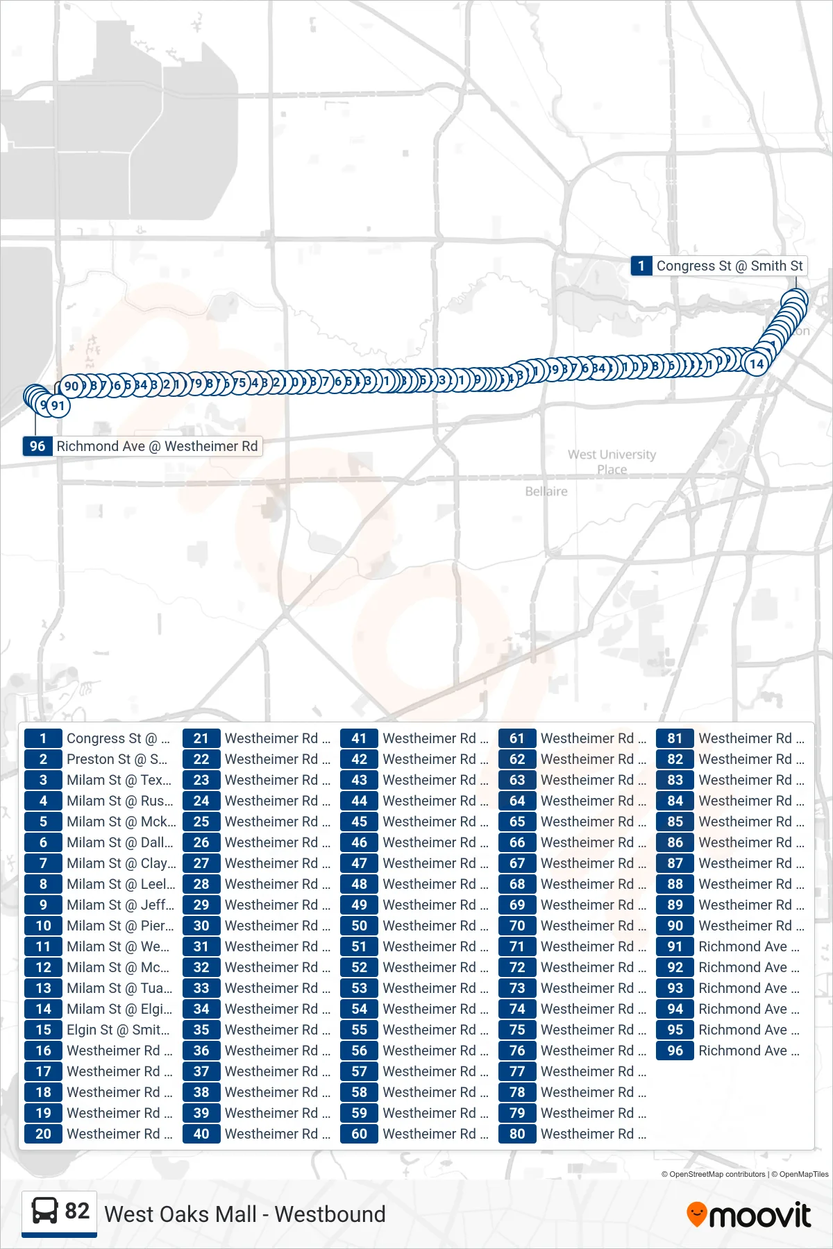 82 bus Line (West Oaks Mall - Westbound) route and stops on a map