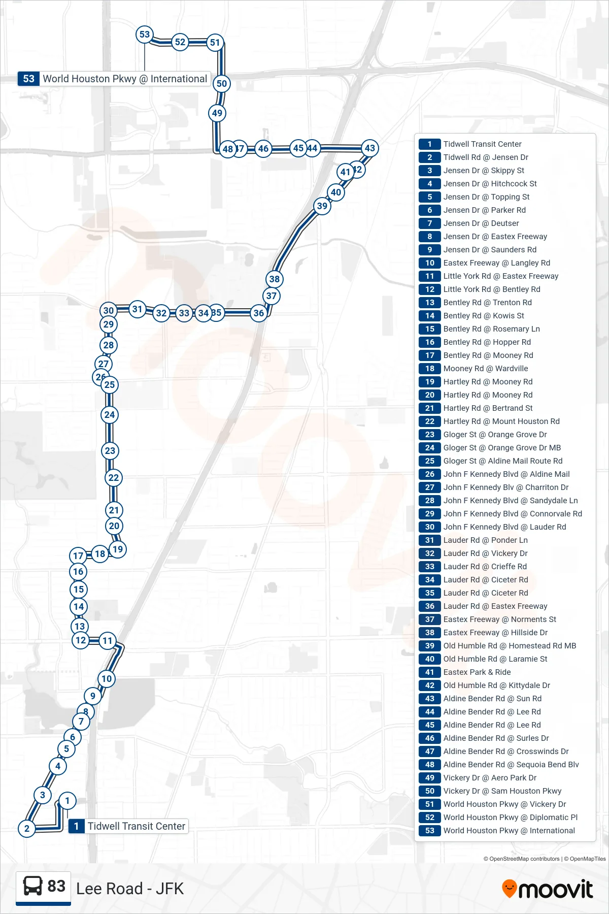 83 bus Line (North Belt & JFK - Northbound) route and stops on a map