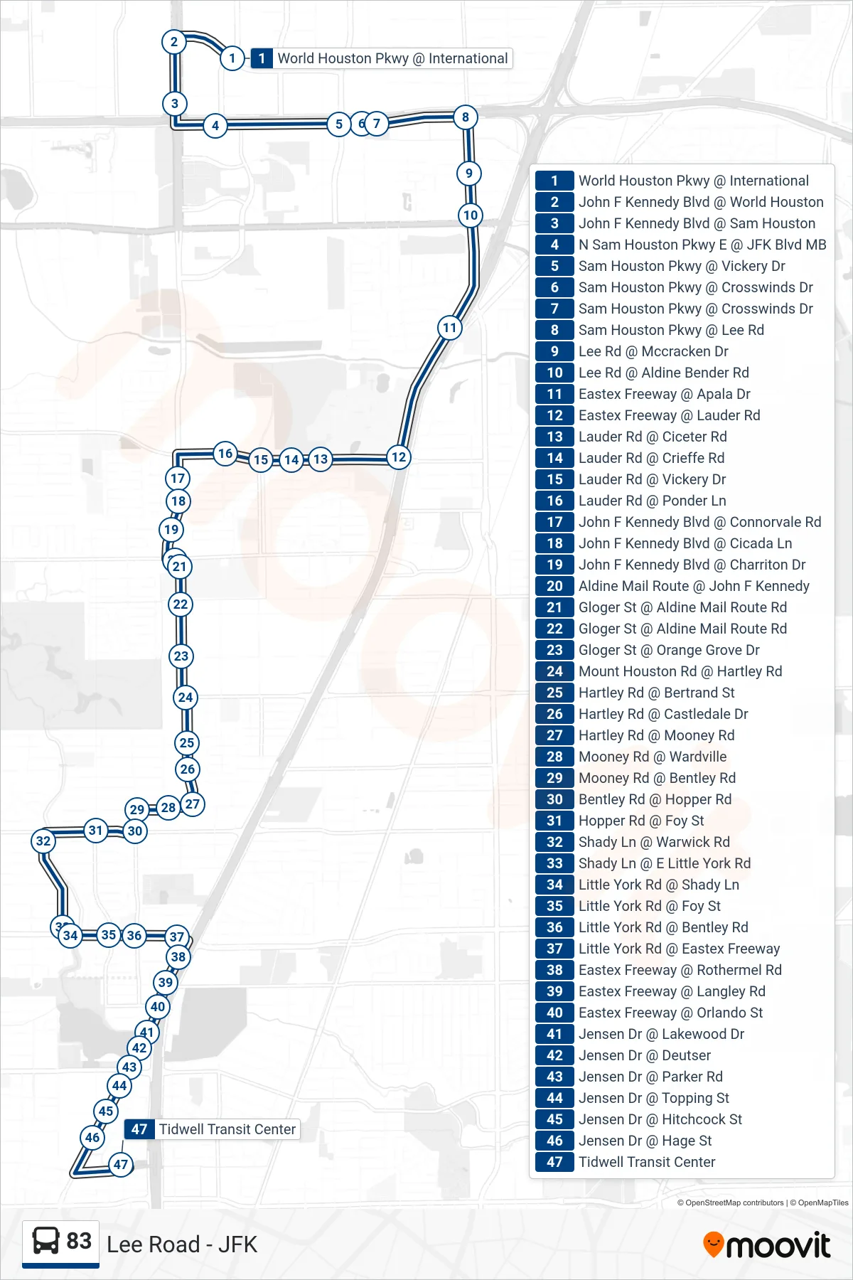 83 bus Line (Tidwell Tc - Southbound) route and stops on a map