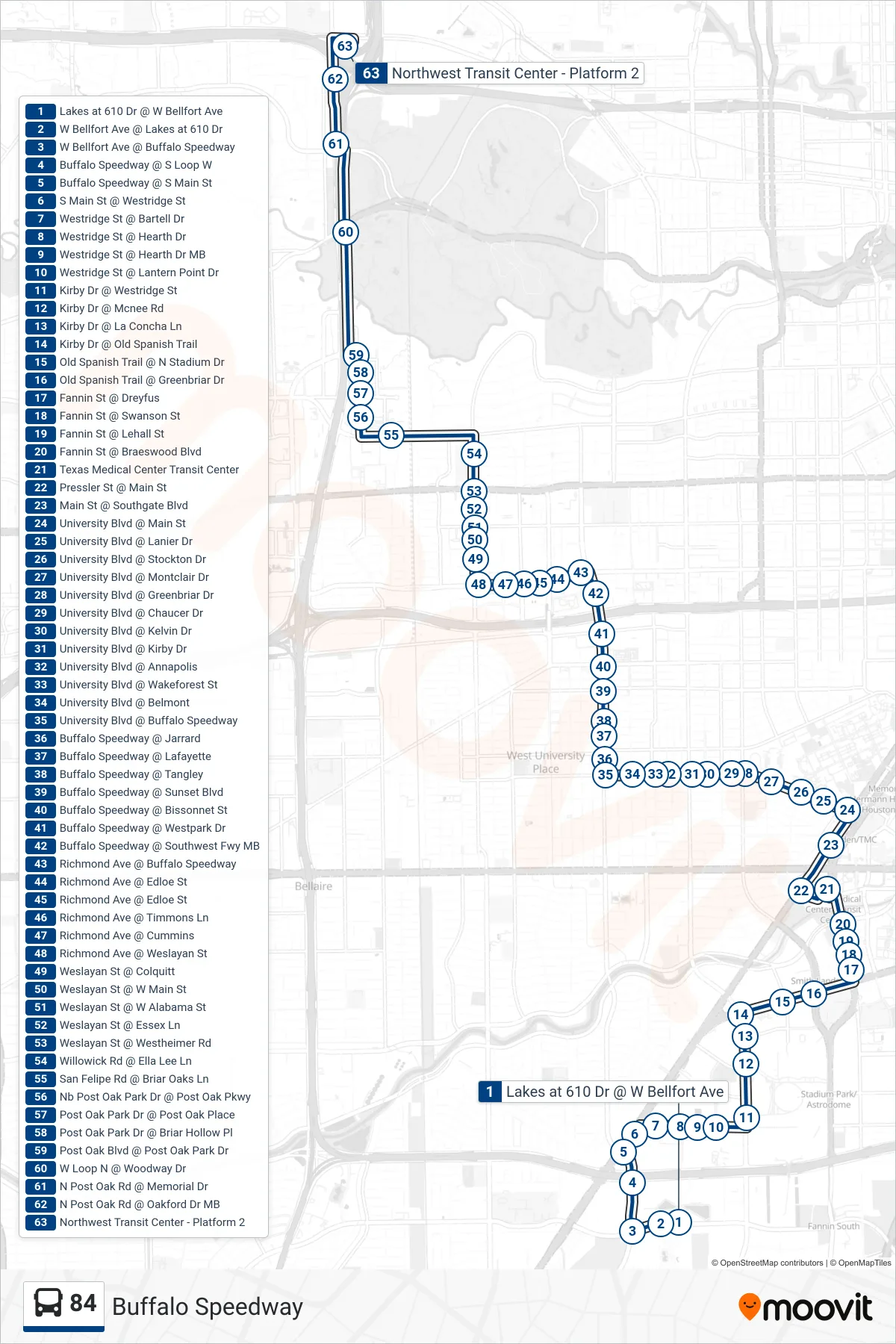 84 bus Line (Northwest Tc - Northbound) route and stops on a map