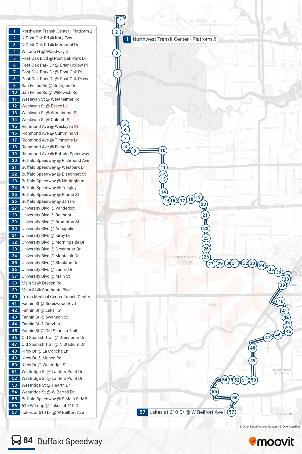 84 bus Line (W Bellfort St - Southbound) route and stops on a map