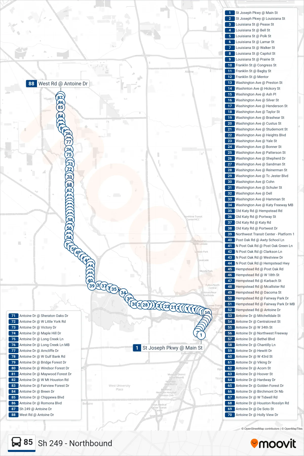 85 bus Line (Sh 249 - Northbound) route and stops on a map
