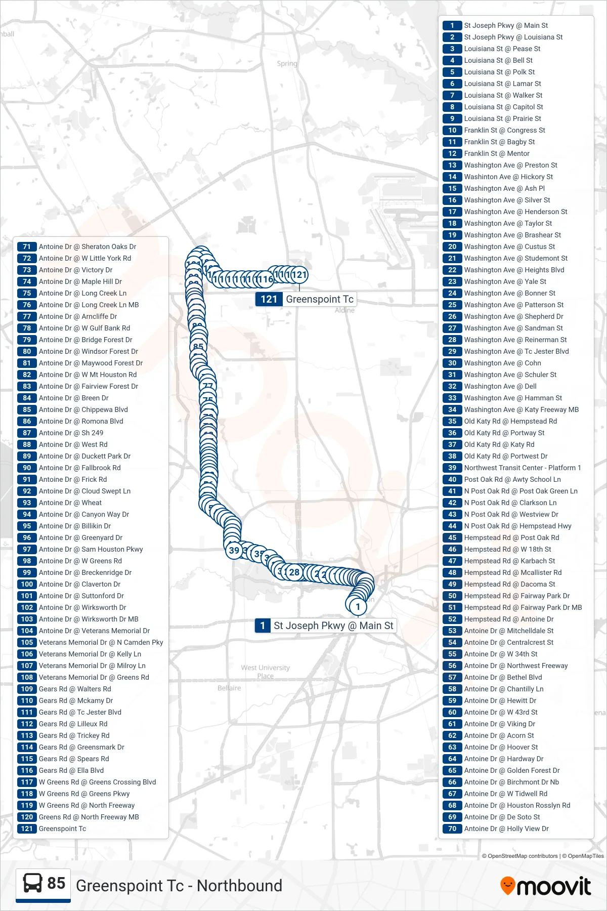 85 bus Line (Greenspoint Tc - Northbound) route and stops on a map