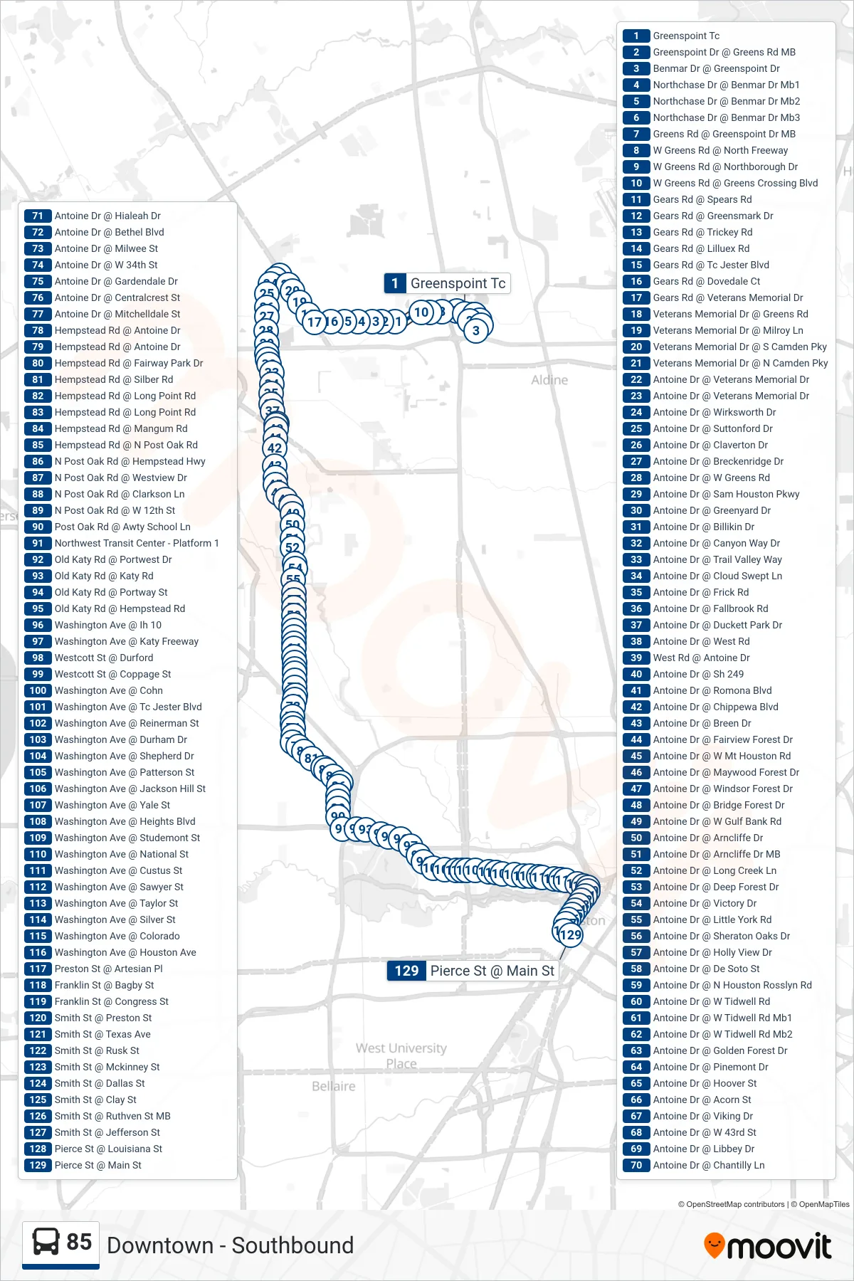 85 bus Line (Downtown - Southbound) route and stops on a map