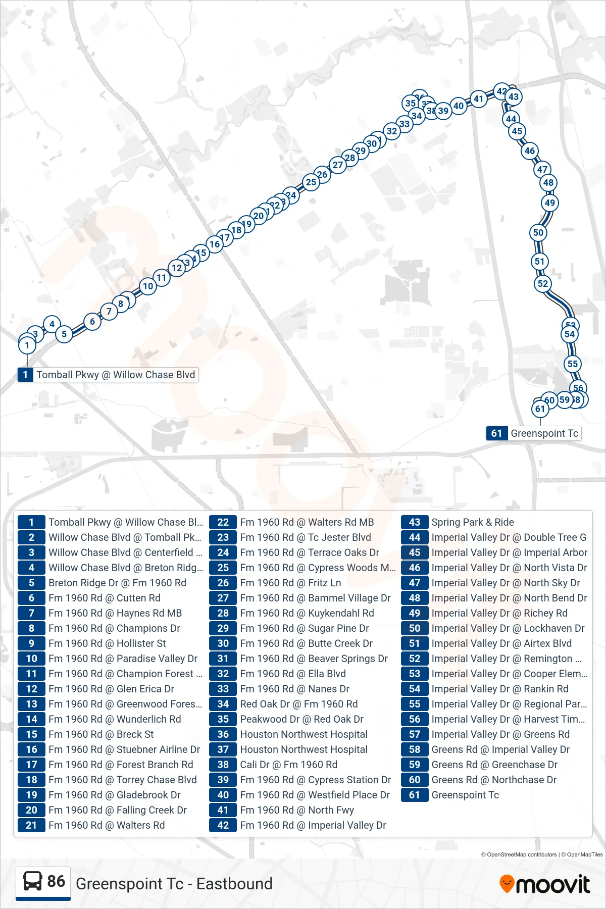 86 bus Line (Greenspoint Tc - Eastbound) route and stops on a map