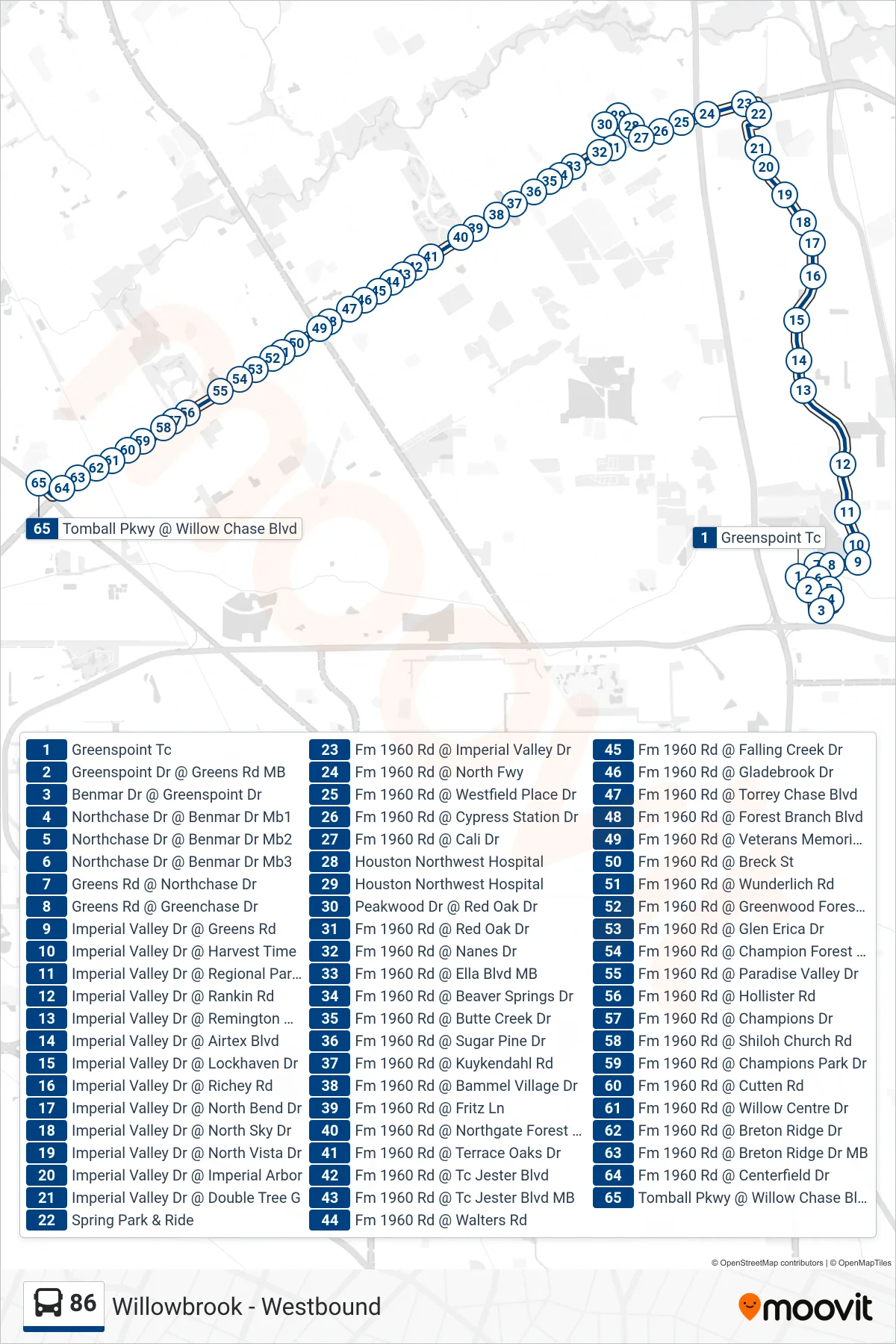 86 bus Line (Willowbrook - Westbound) route and stops on a map