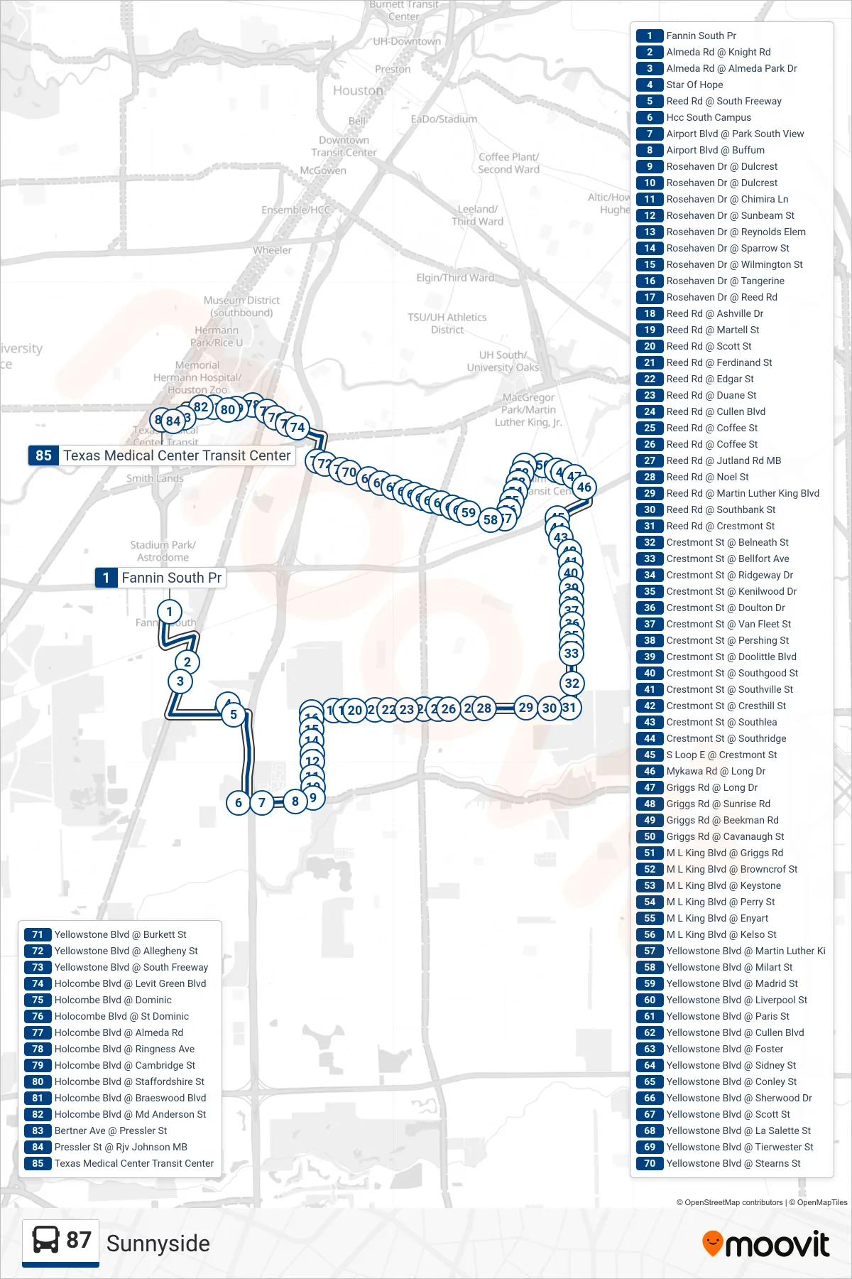 87 bus Line (Tmc Tc - Northbound) route and stops on a map