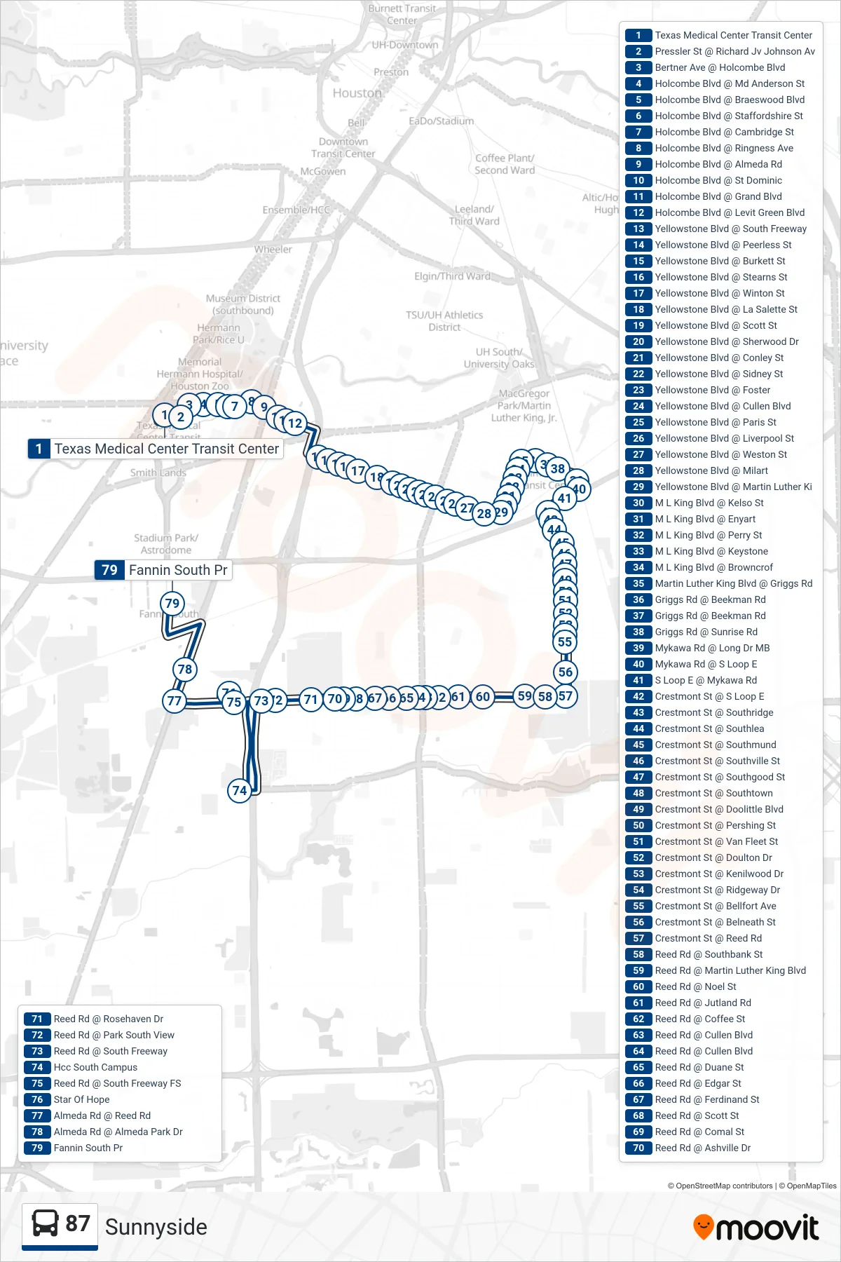 87 bus Line (Fannin South Tc - Southbound) route and stops on a map