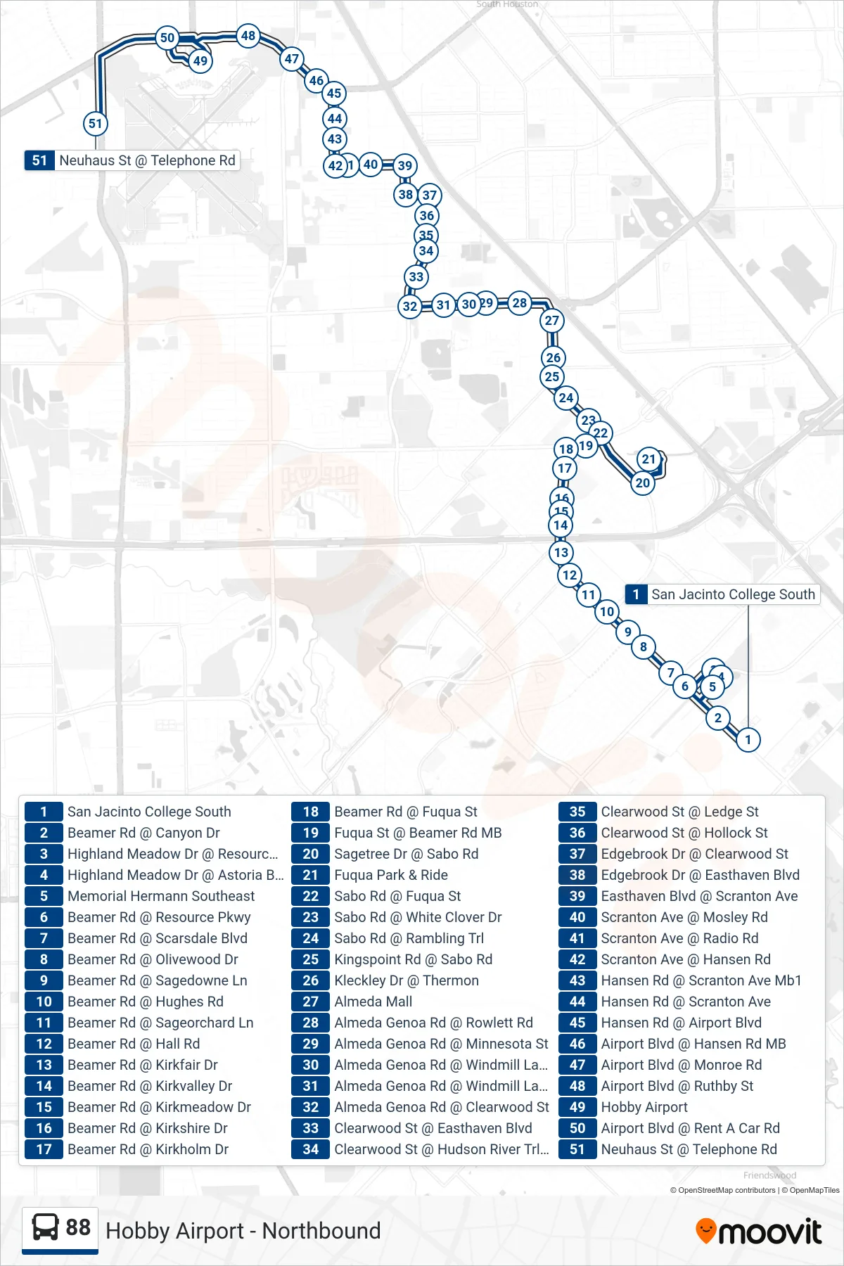 88 bus Line (Hobby Airport - Northbound) route and stops on a map