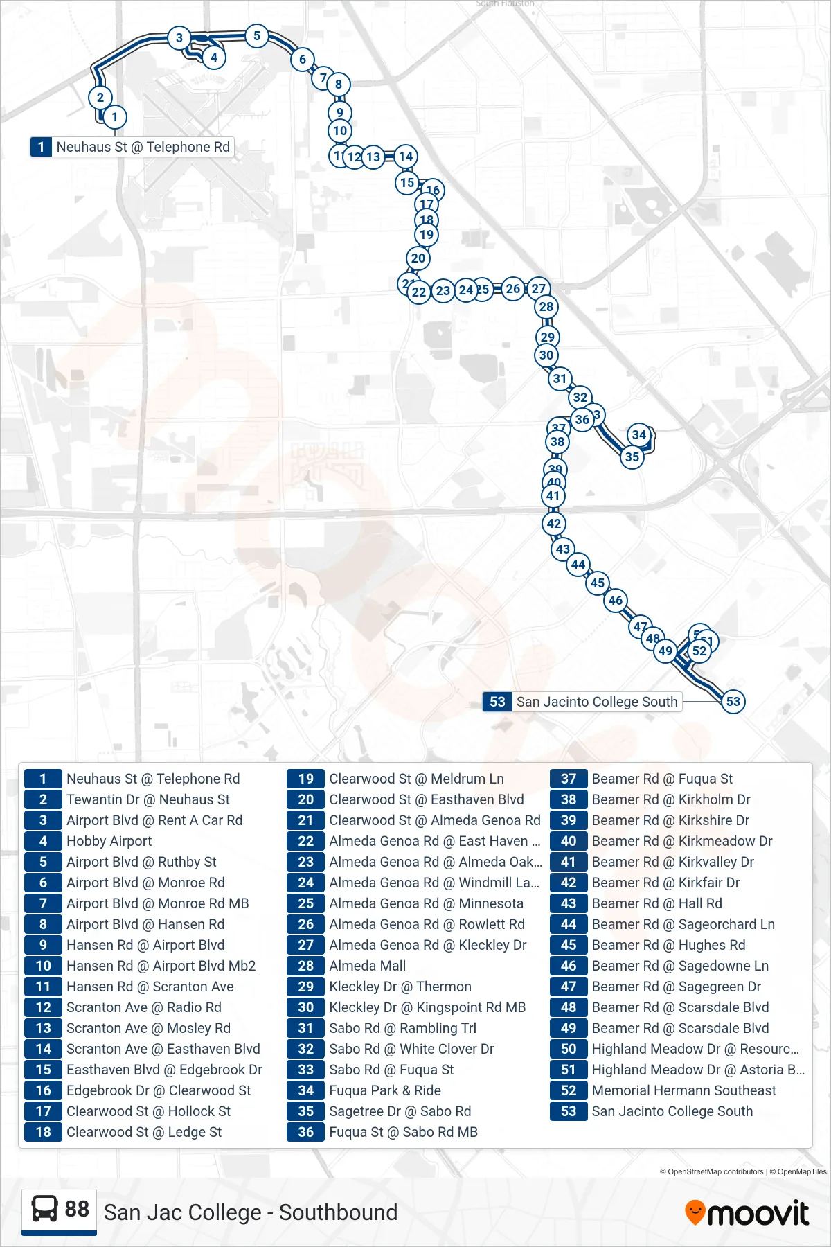 88 bus Line (San Jac College - Southbound) route and stops on a map