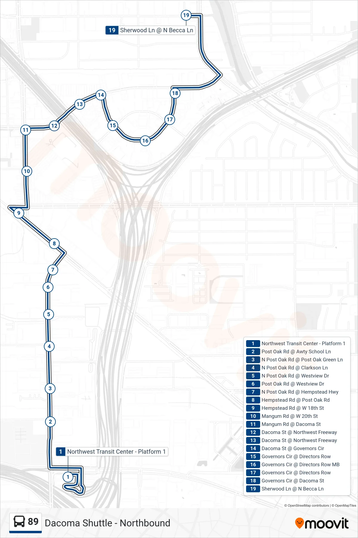89 bus Line (Dacoma Shuttle - Northbound) route and stops on a map