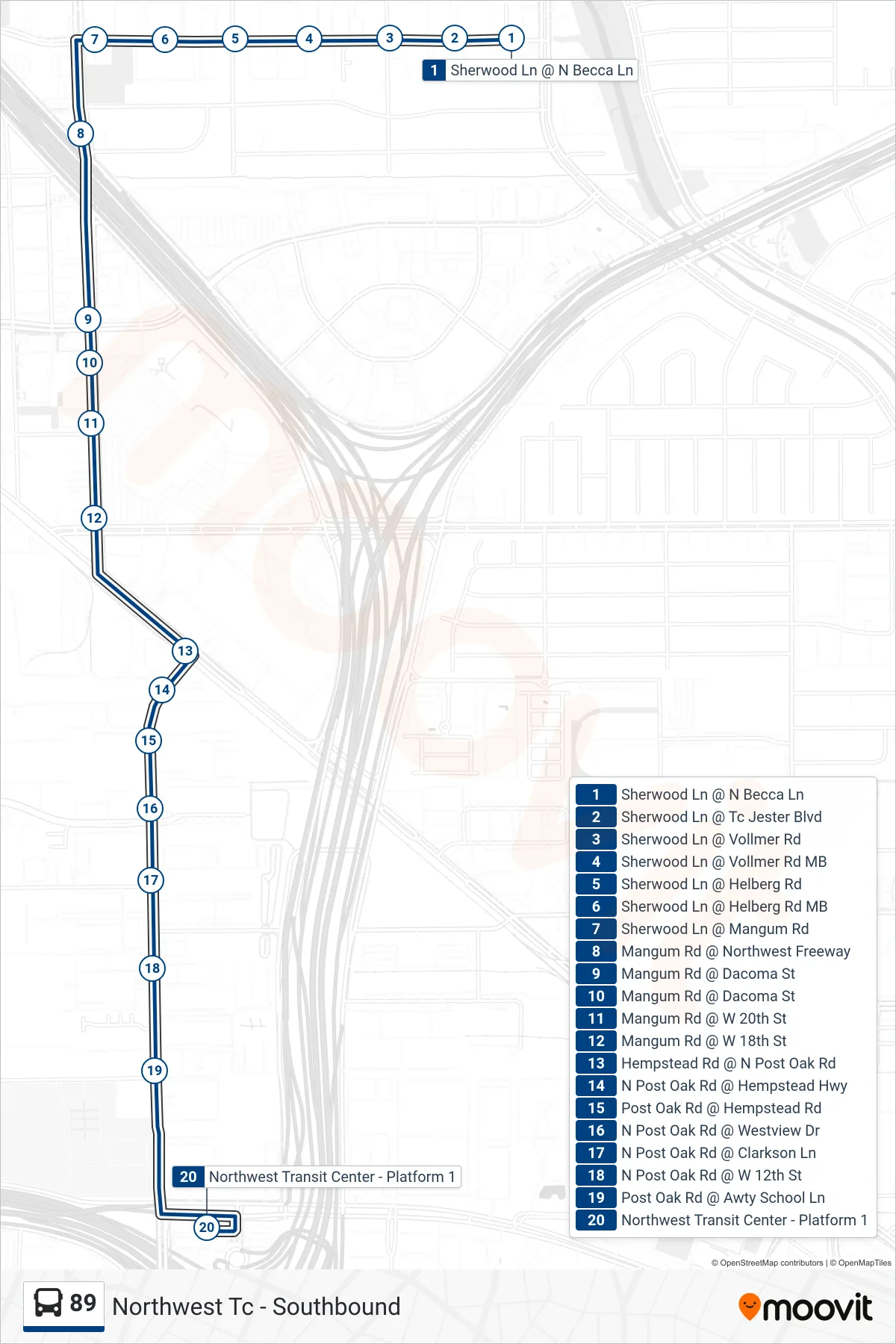 89 bus Line (Northwest Tc - Southbound) route and stops on a map