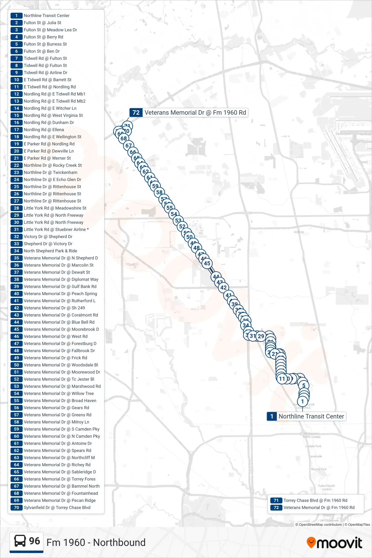 96 bus Line (Fm 1960 - Northbound) route and stops on a map
