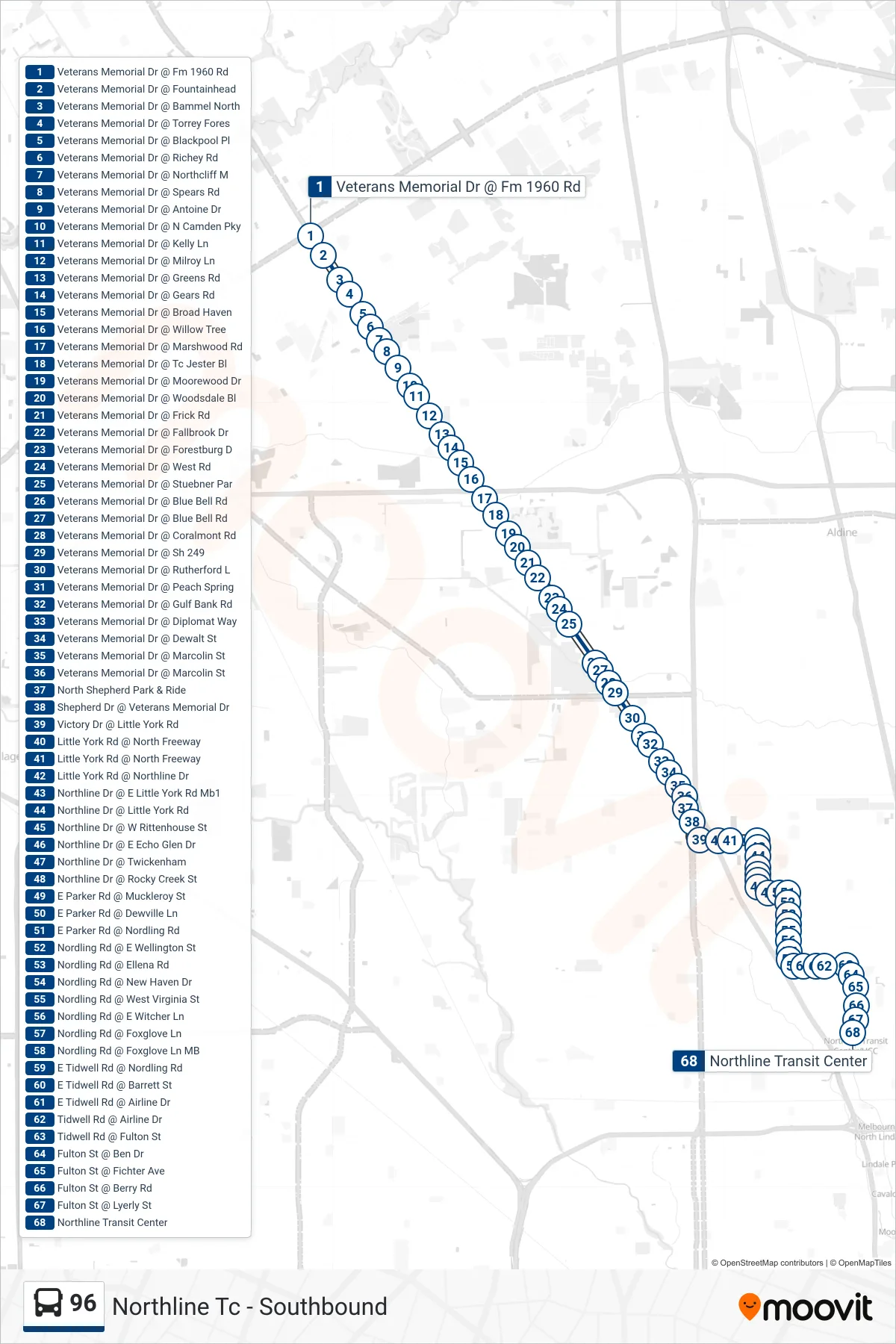 96 bus Line (Northline Tc - Southbound) route and stops on a map