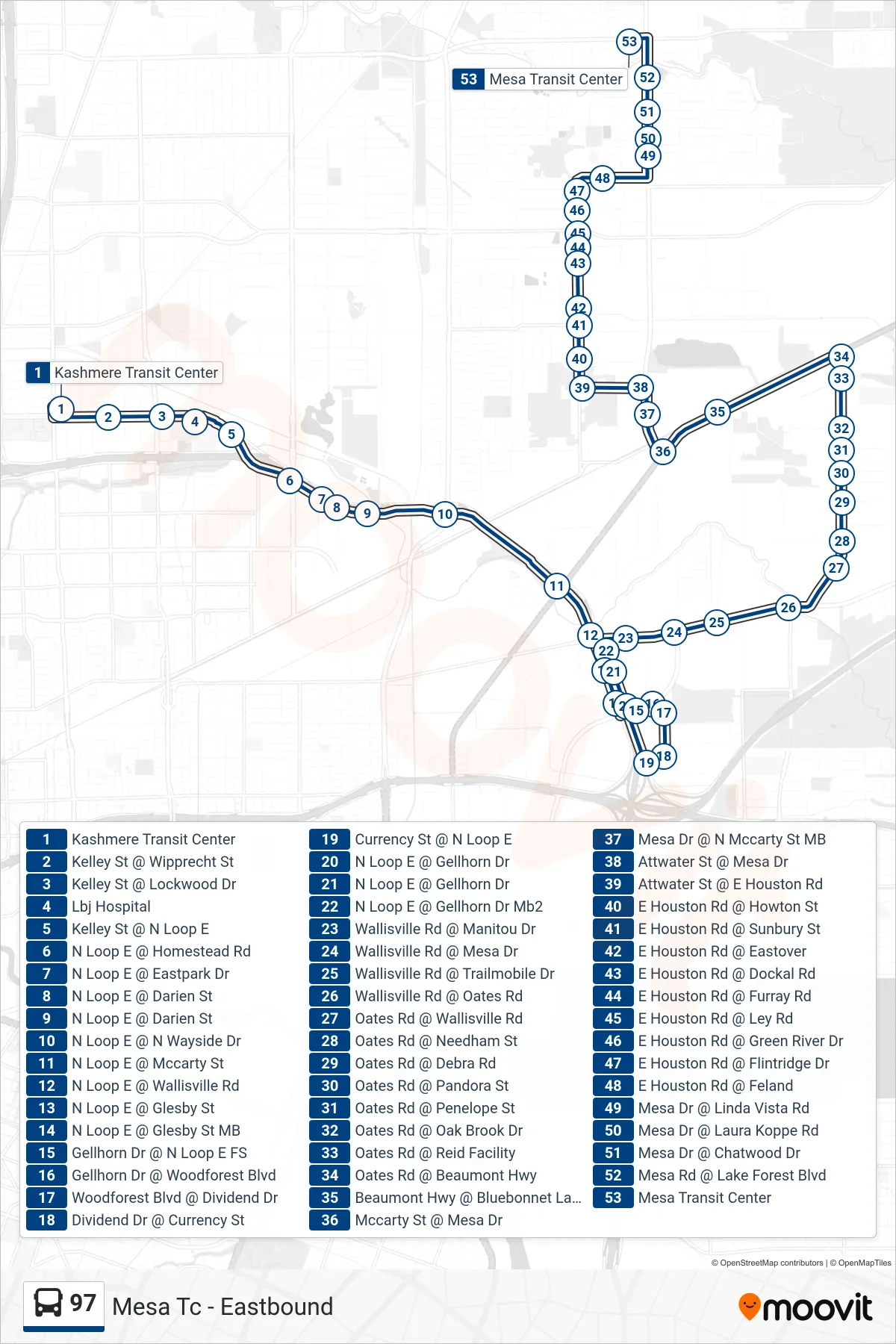 97 bus Line (Mesa Tc - Eastbound) route and stops on a map