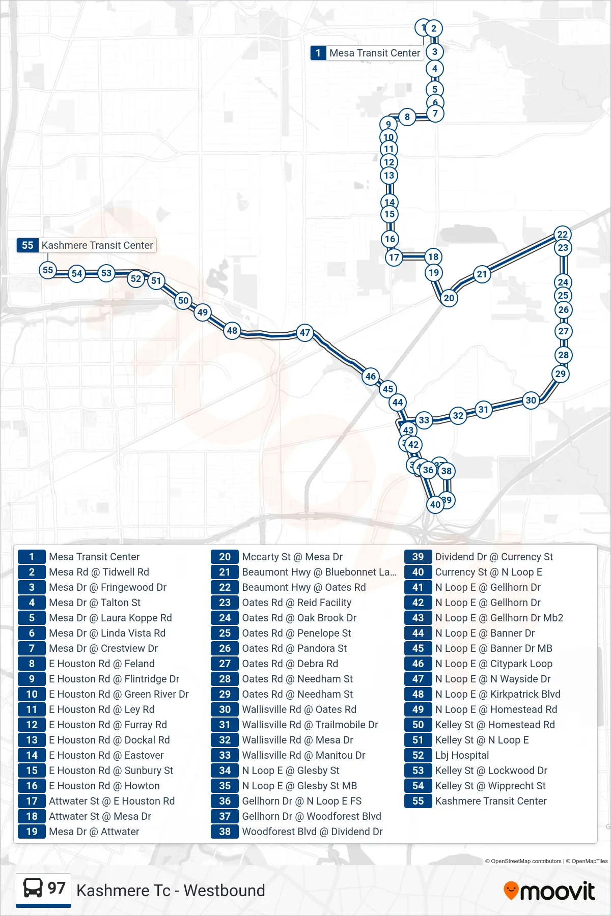 97 bus Line (Kashmere Tc - Westbound) route and stops on a map
