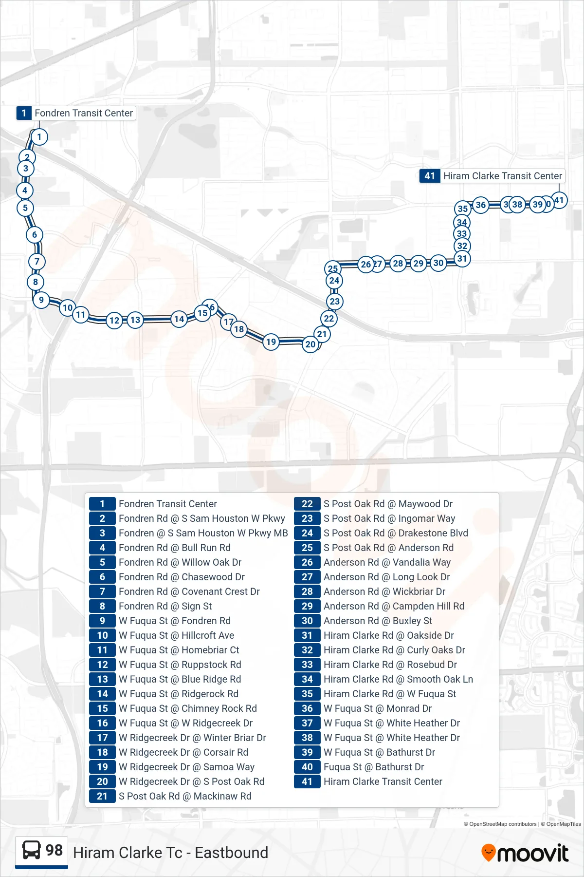 98 bus Line (Hiram Clarke Tc - Eastbound) route and stops on a map