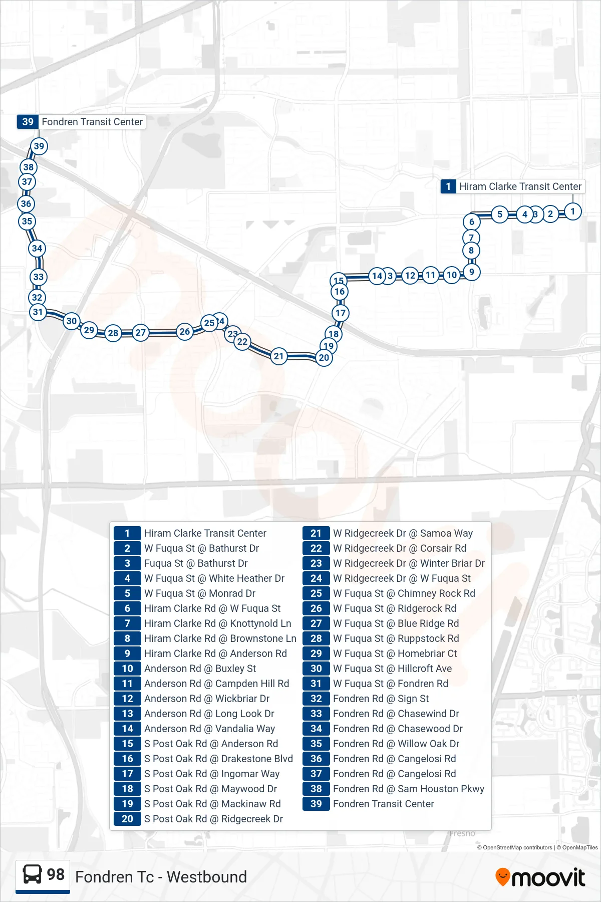 98 bus Line (Fondren Tc - Westbound) route and stops on a map