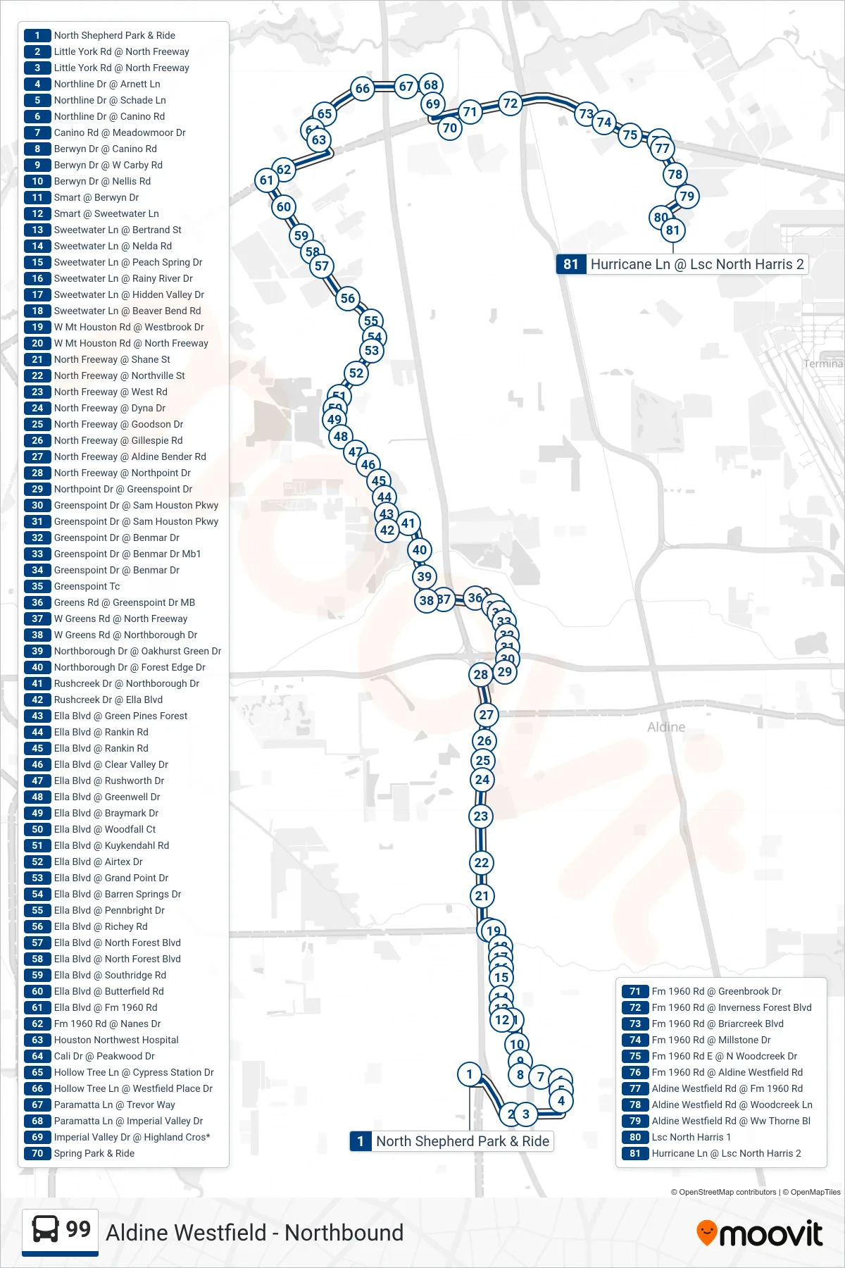 99 bus Line (Aldine Westfield - Northbound) route and stops on a map
