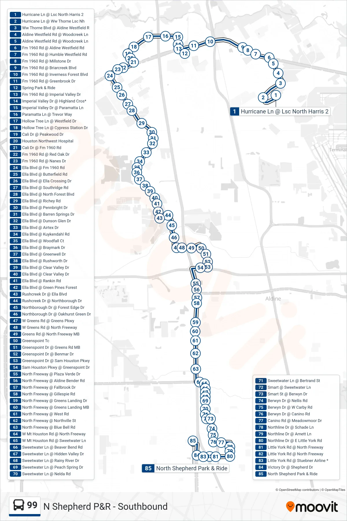 99 bus Line (N Shepherd P&R - Southbound) route and stops on a map