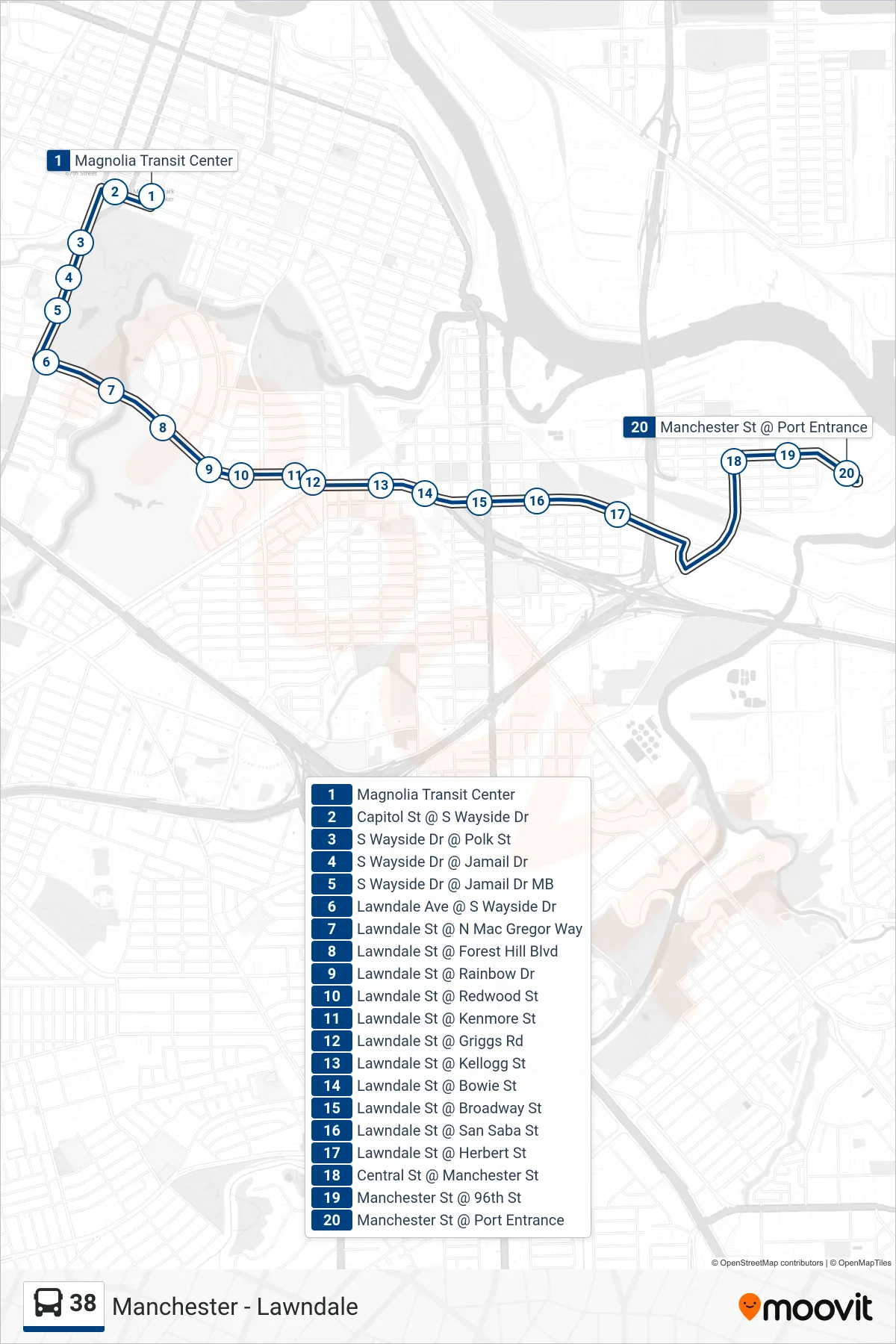 38 bus Line (Manchester Dock - Eastbound) route and stops on a map