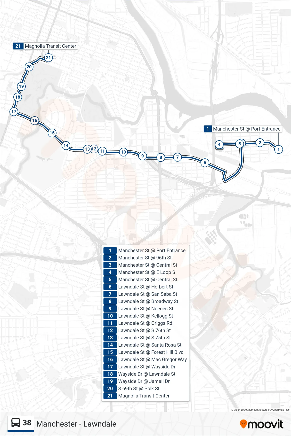 38 bus Line (Magnolia Park Tc - Westbound) route and stops on a map