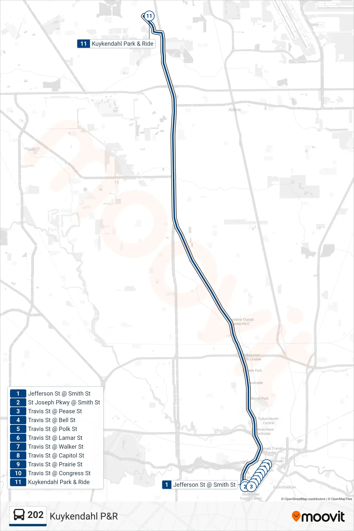 202 bus Line (Kuykendahl - Outbound) route and stops on a map