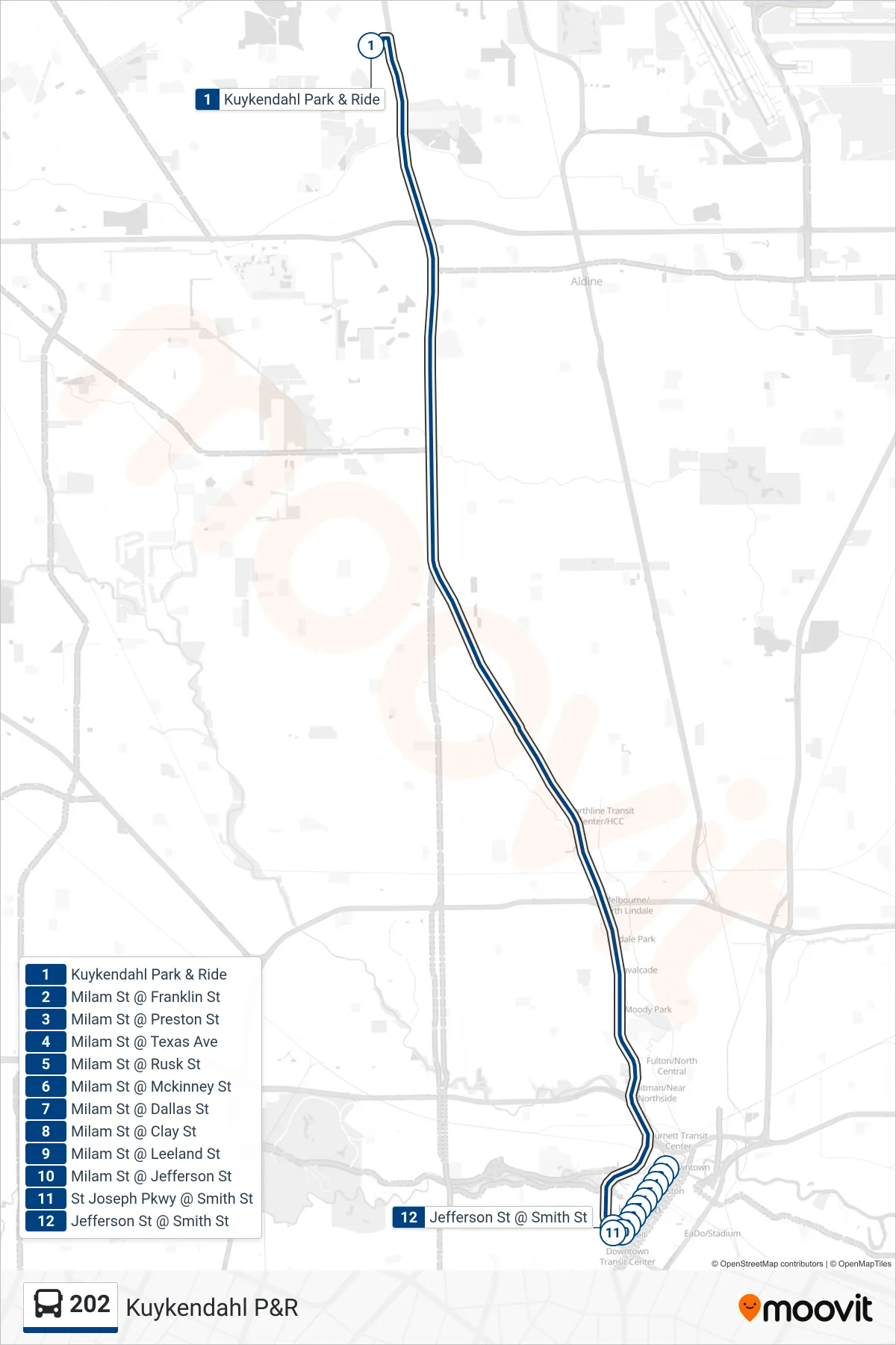 202 bus Line (Downtown - Inbound) route and stops on a map