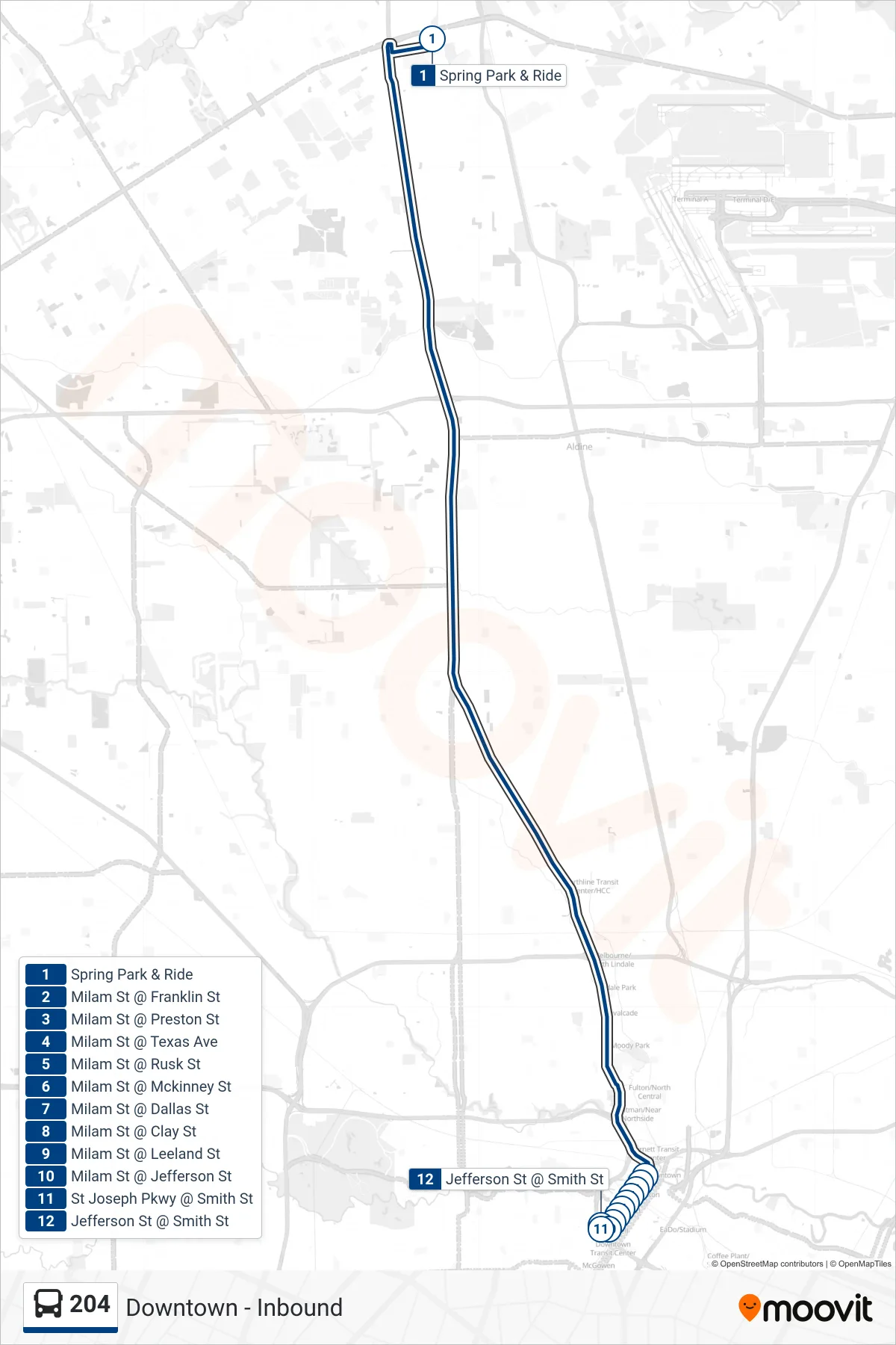 204 bus Line (Downtown - Inbound) route and stops on a map
