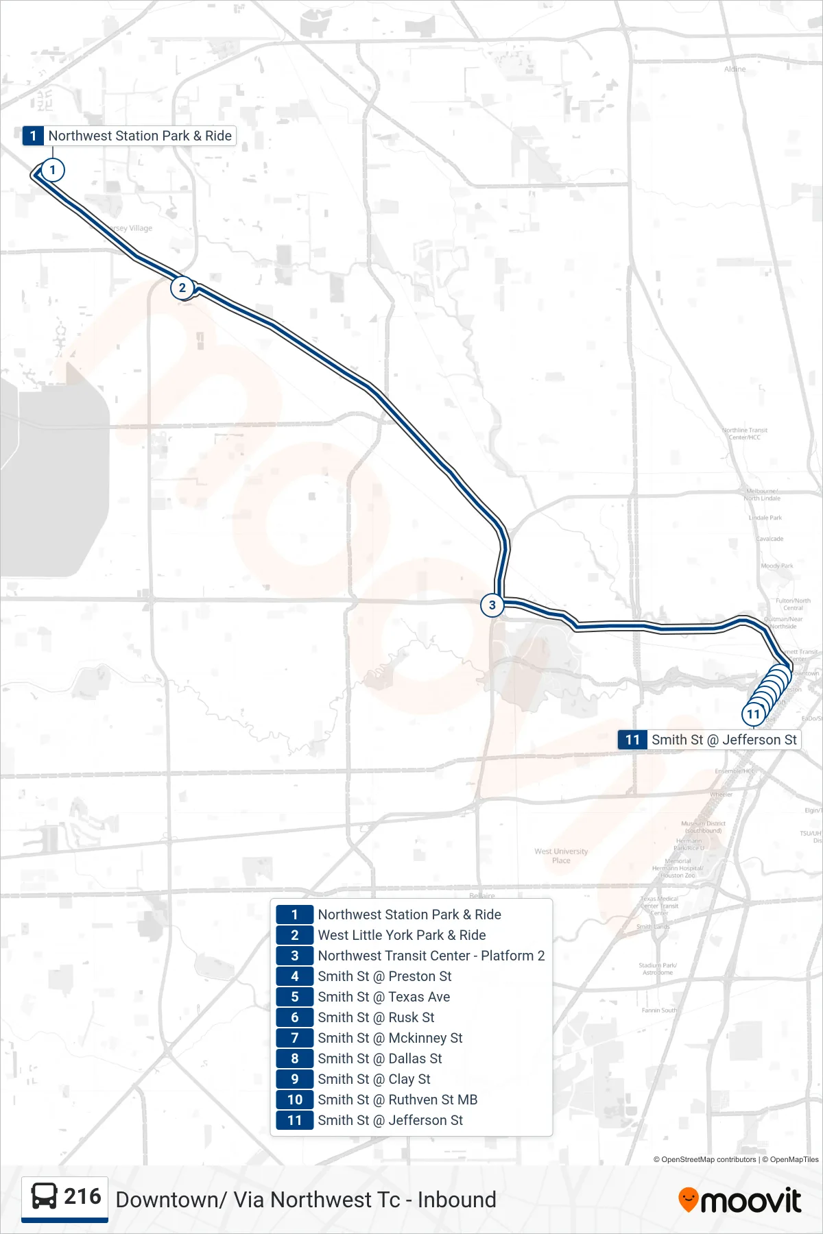 216 bus Line (Downtown/ Via Northwest Tc - Inbound) route and stops on a map