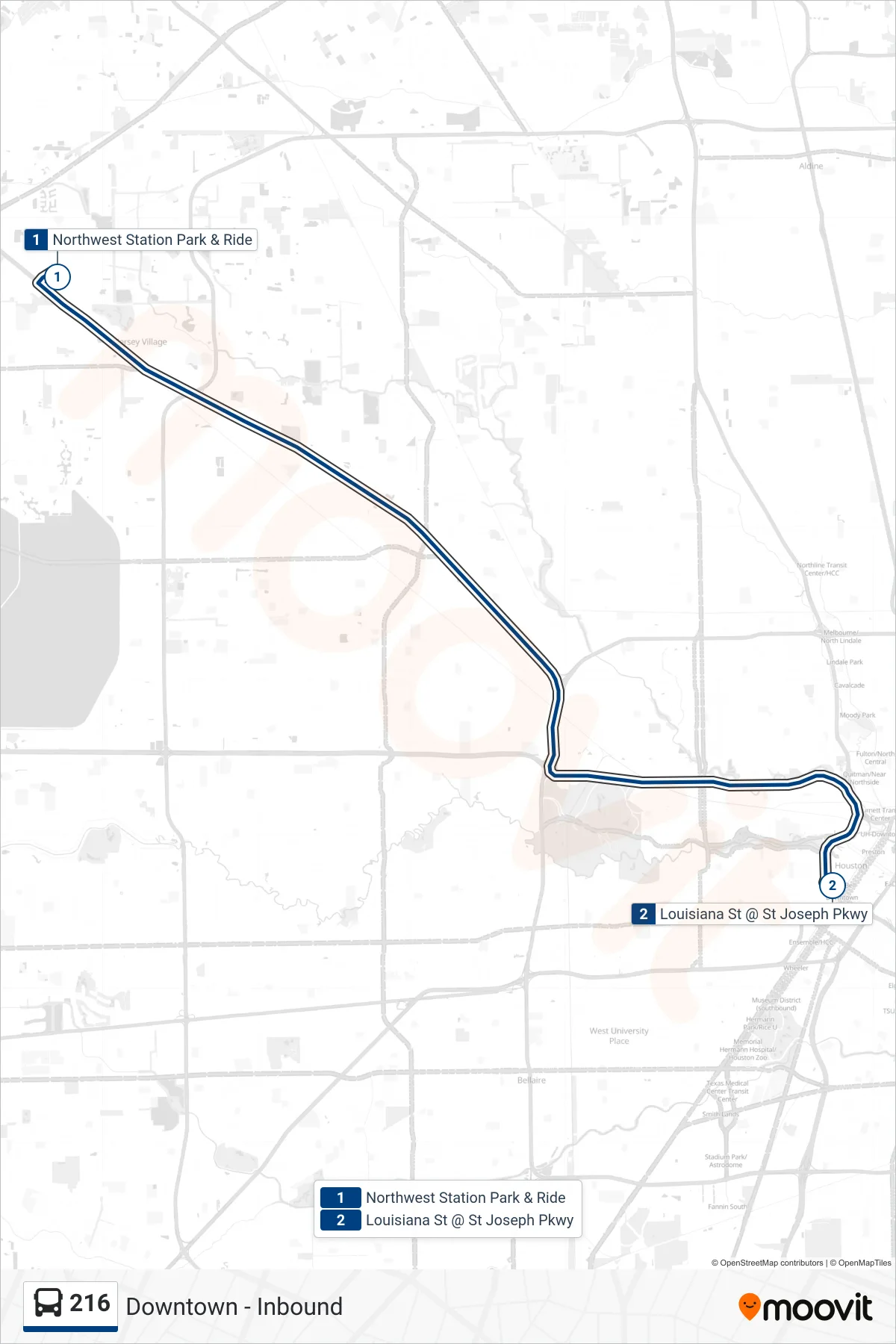 216 bus Line (Downtown - Inbound) route and stops on a map