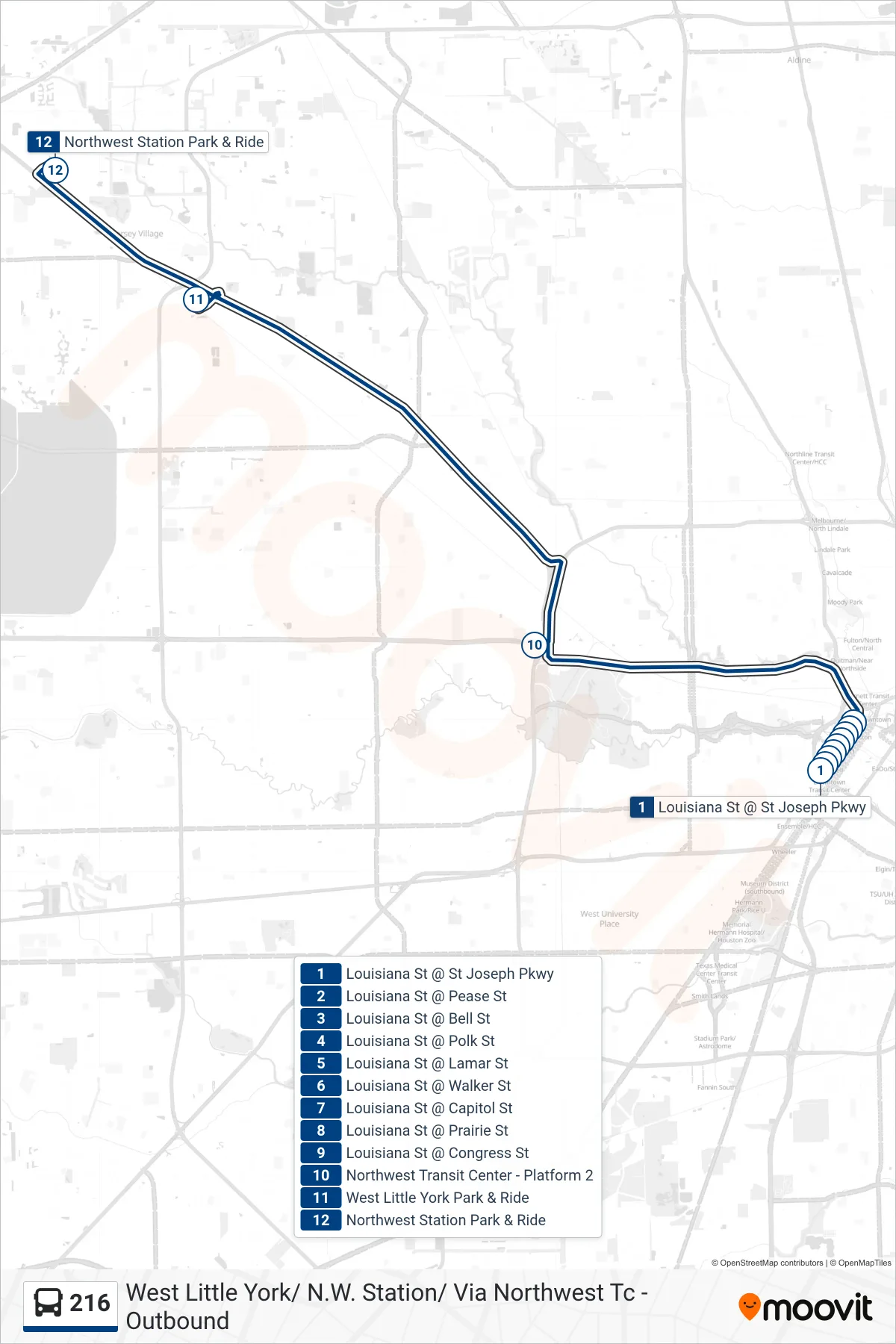 216 bus Line (West Little York/ N.W. Station/ Via Northwest Tc - Outbound) route and stops on a map