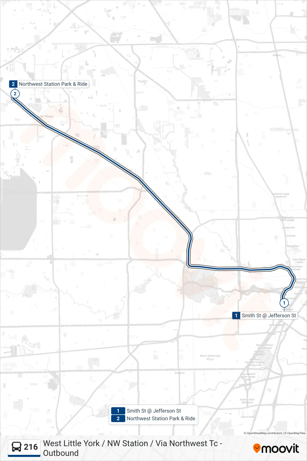 216 bus Line (West Little York / NW Station / Via Northwest Tc - Outbound) route and stops on a map