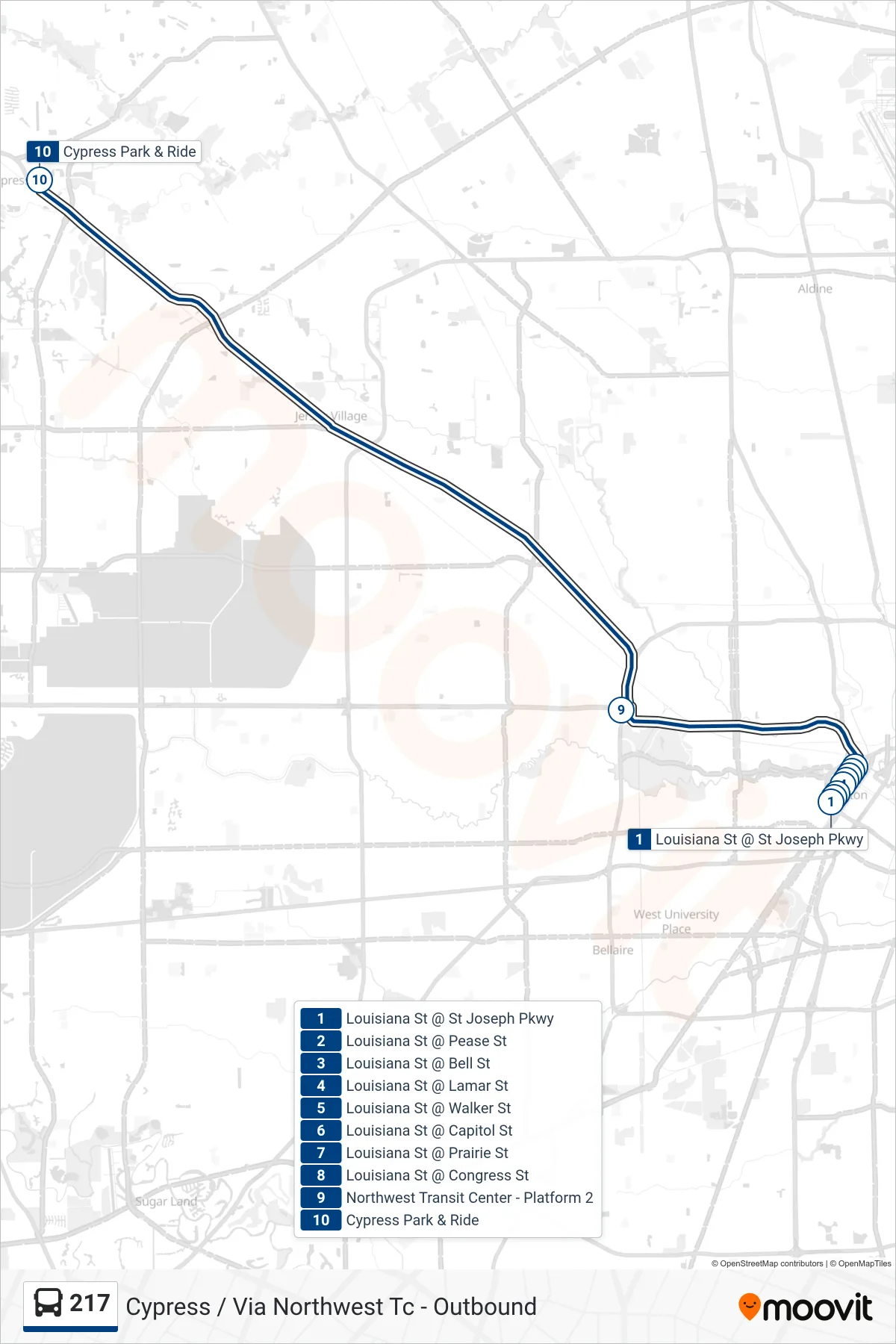 217 bus Line (Cypress / Via Northwest Tc - Outbound) route and stops on a map