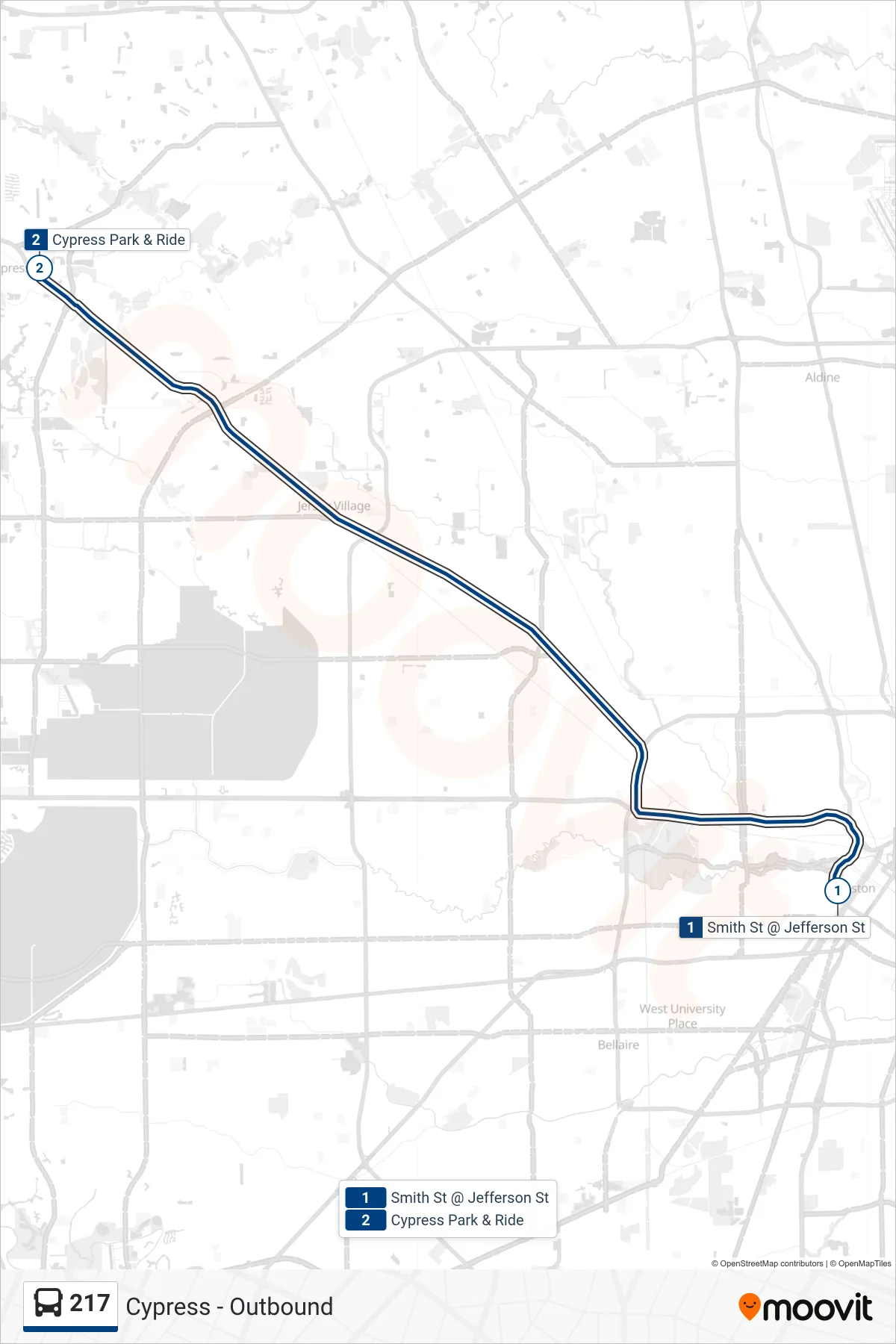 217 bus Line (Cypress - Outbound) route and stops on a map