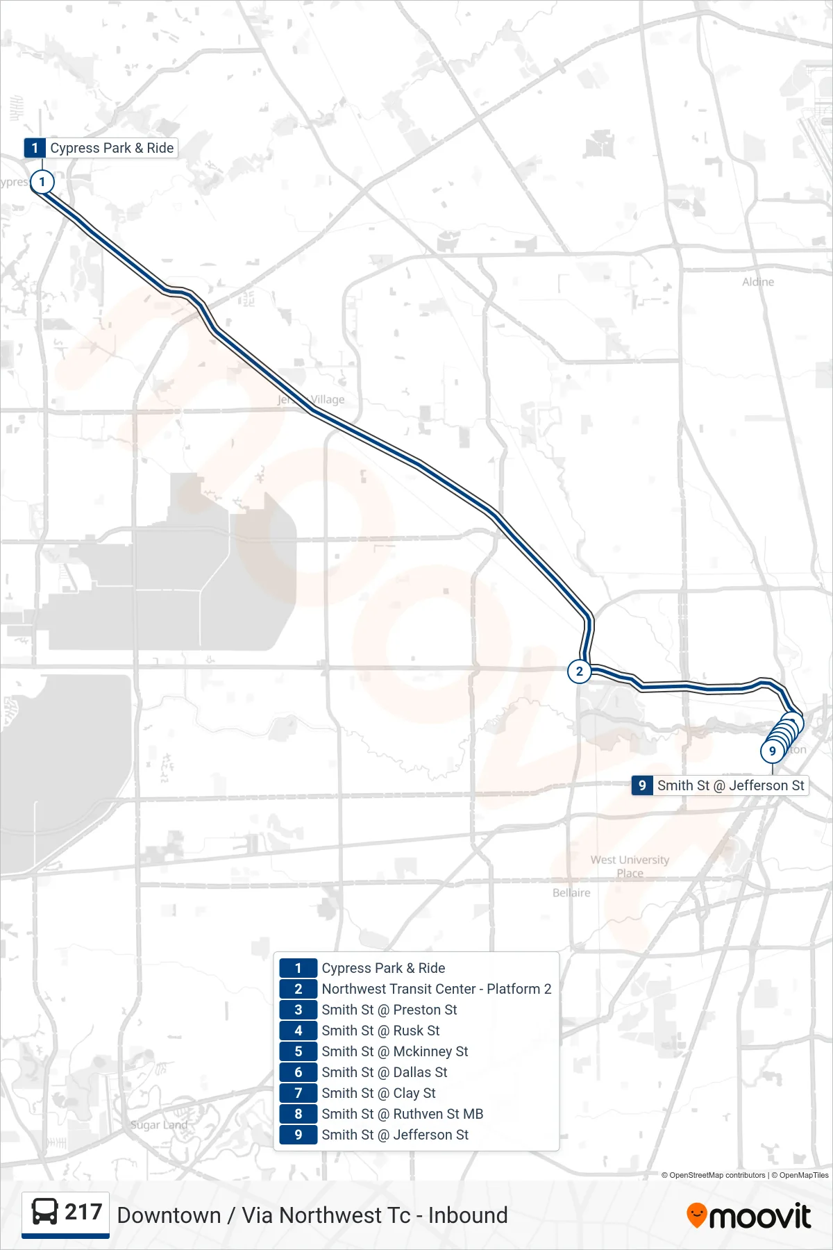 217 bus Line (Downtown / Via Northwest Tc - Inbound) route and stops on a map