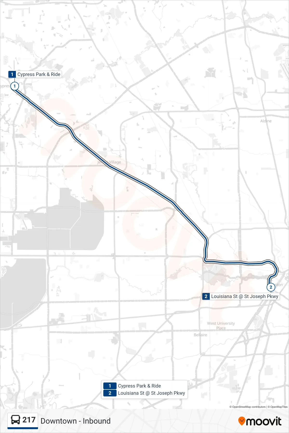 217 bus Line (Downtown - Inbound) route and stops on a map