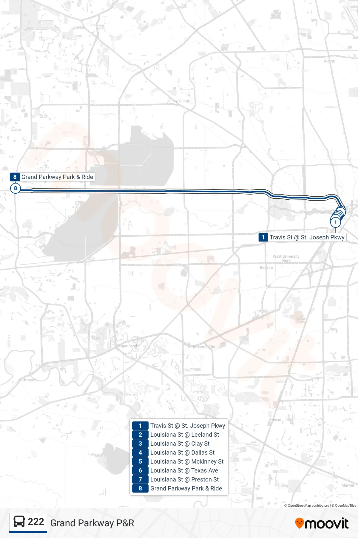 222 bus Line (Grand Parkway - Outbound) route and stops on a map