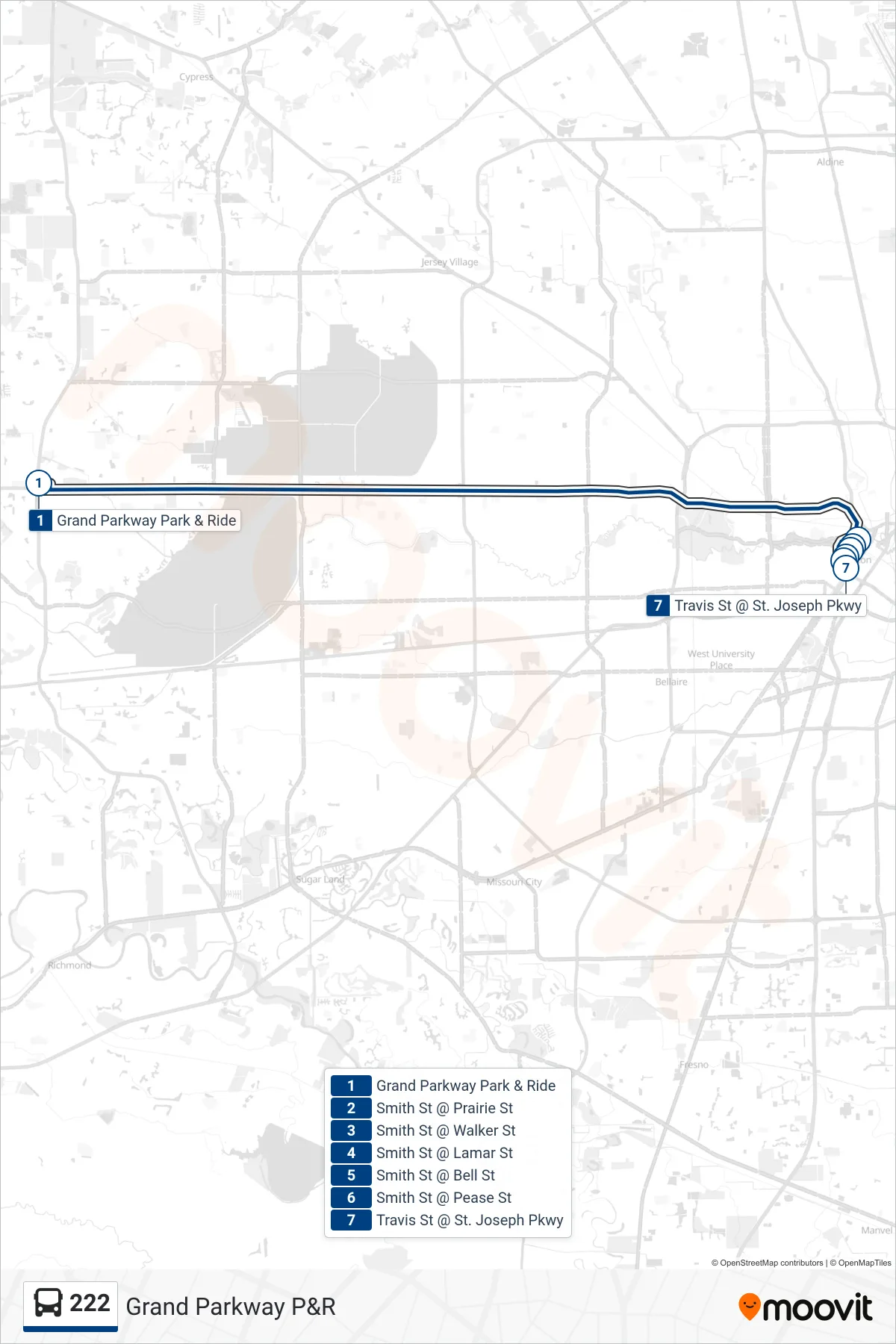 222 bus Line (Downtown - Inbound) route and stops on a map