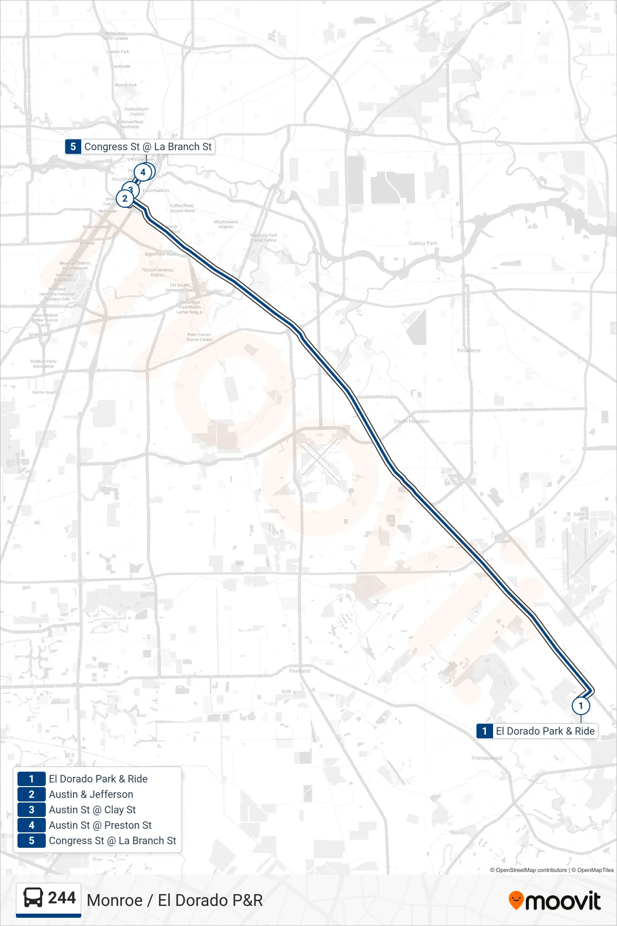 244 bus Line (Downtown - Inbound) route and stops on a map