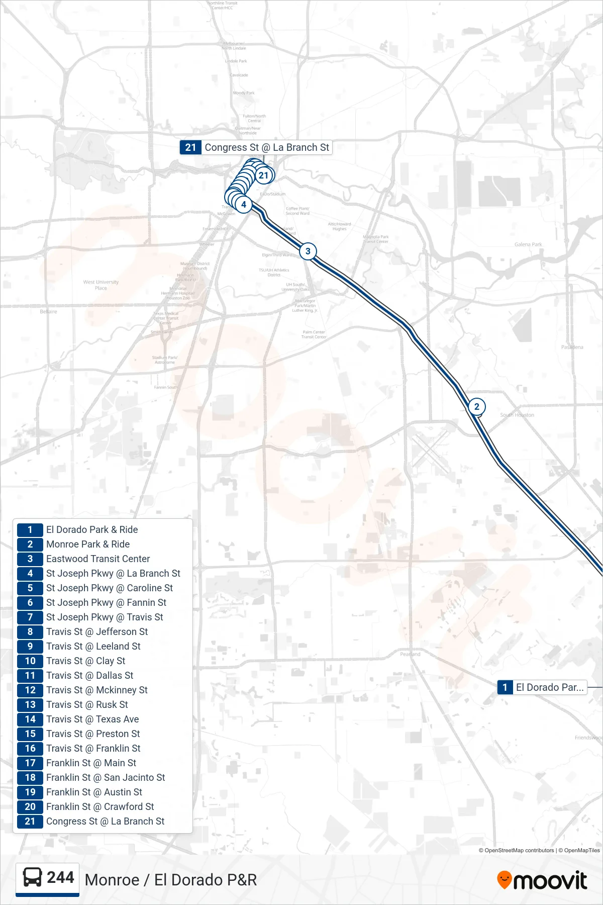244 bus Line (Downtown / Via Eastwood Tc - Inbound) route and stops on a map