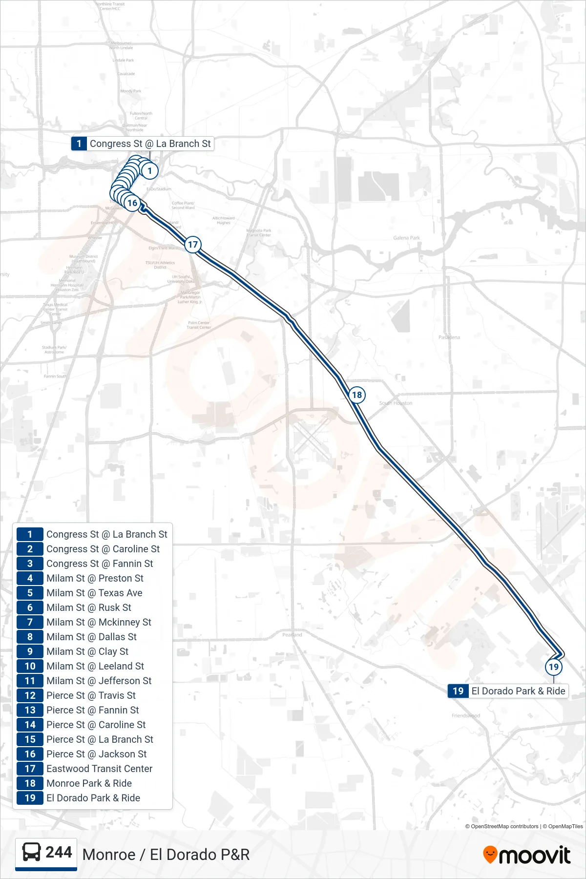 244 bus Line (Monroe/ El Dorado / Via Eastwood Tc - Outbound) route and stops on a map