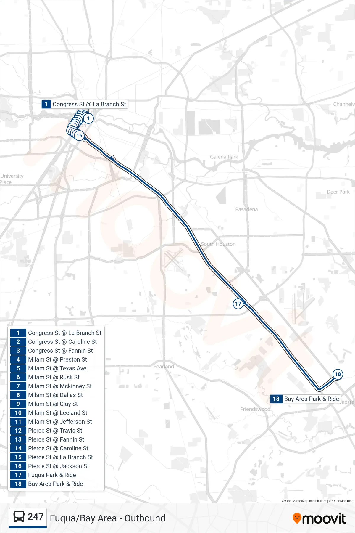 247 bus Line (Fuqua/Bay Area - Outbound) route and stops on a map