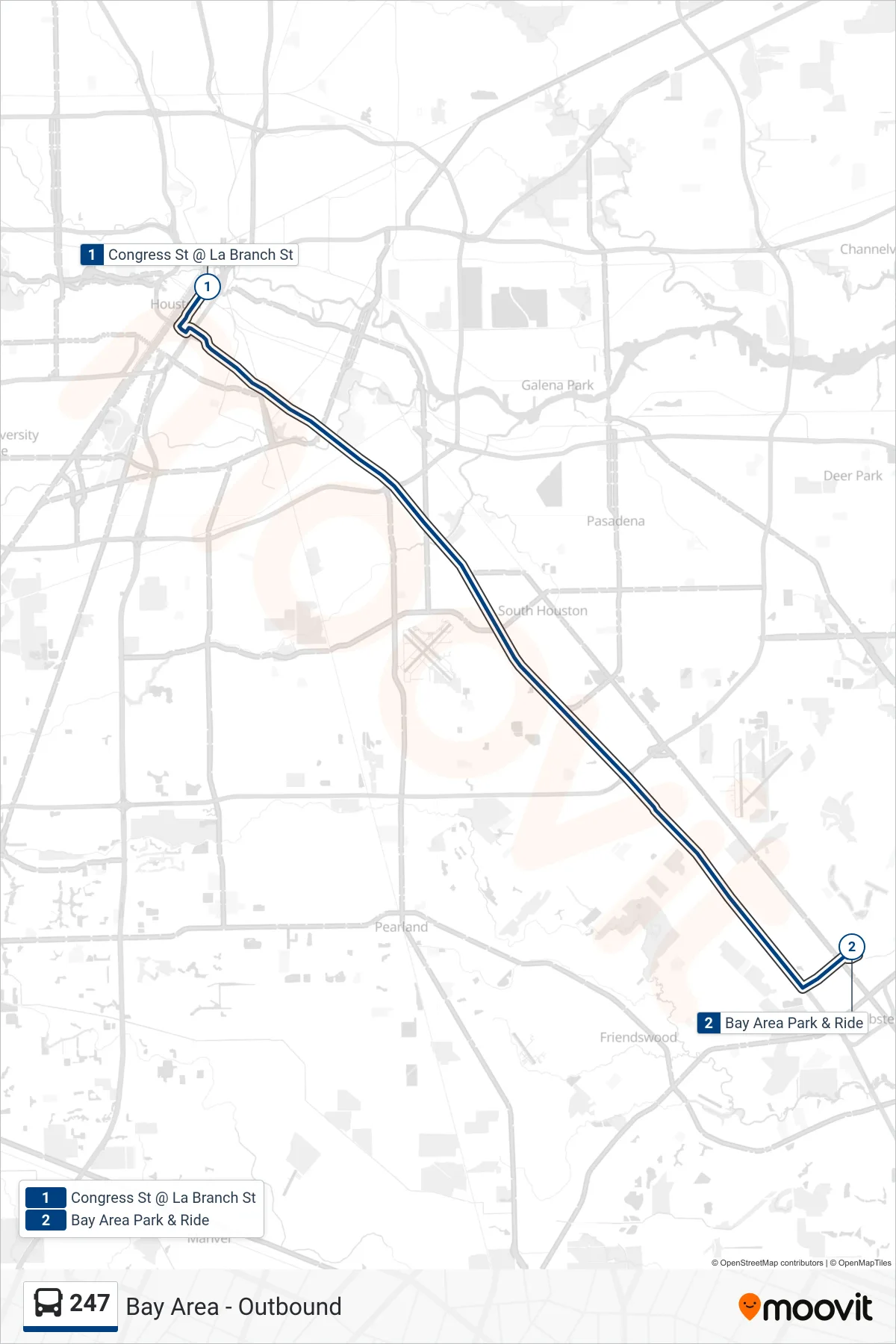 247 bus Line (Bay Area - Outbound) route and stops on a map