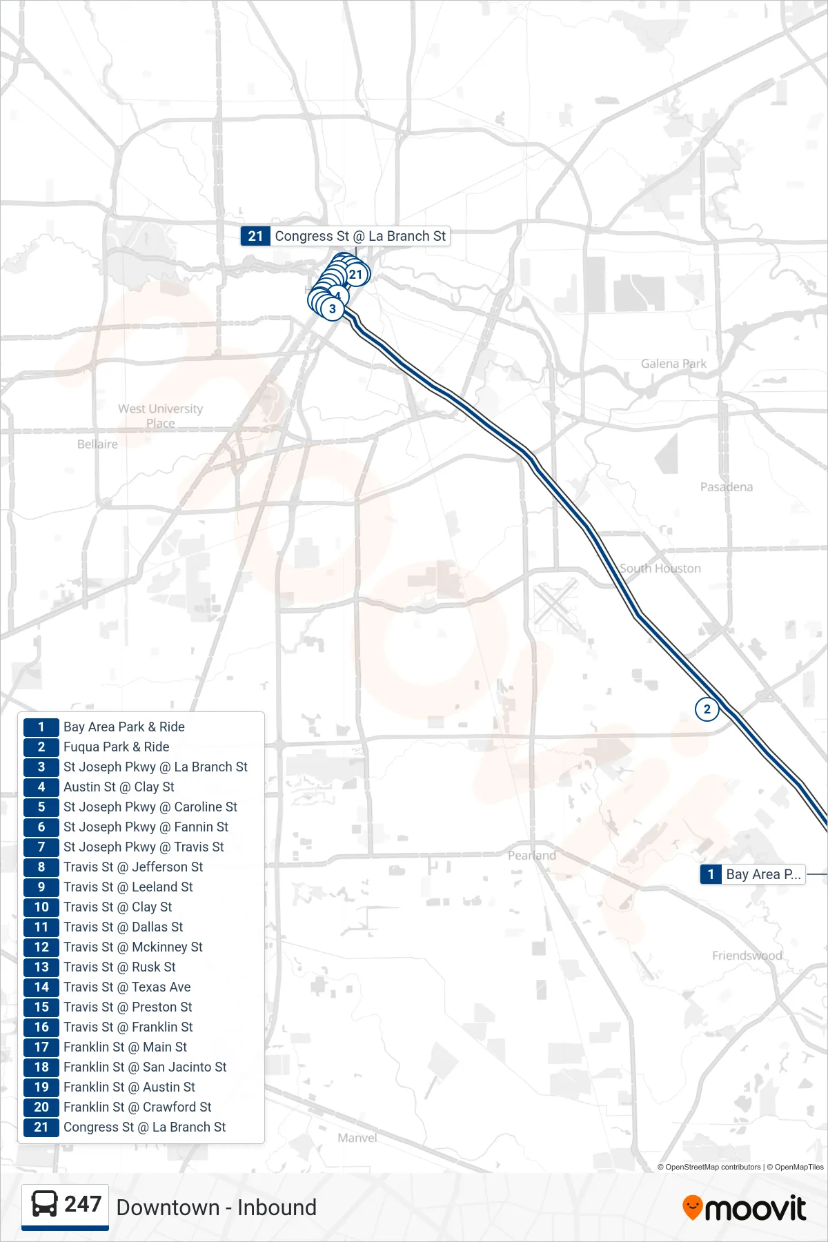 247 bus Line (Downtown - Inbound) route and stops on a map