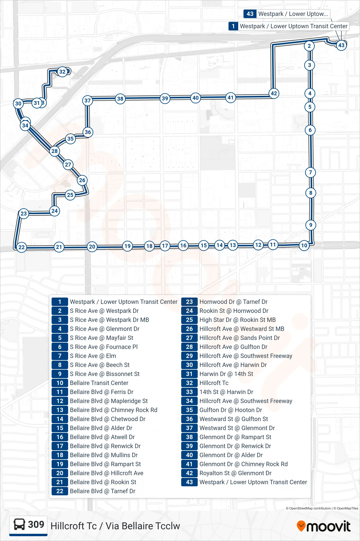 309 bus Line (Hillcroft Tc / Via Bellaire Tcclw) route and stops on a map