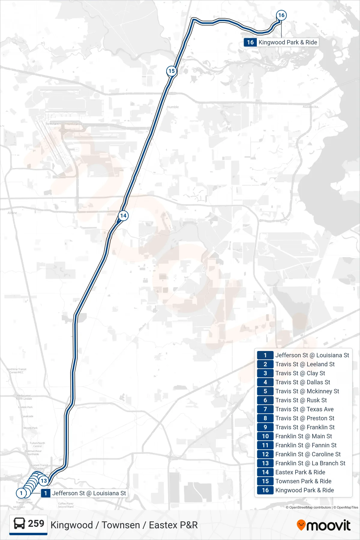 259 bus Line (Eastex/Townsen/Kingwood - Outbound) route and stops on a map