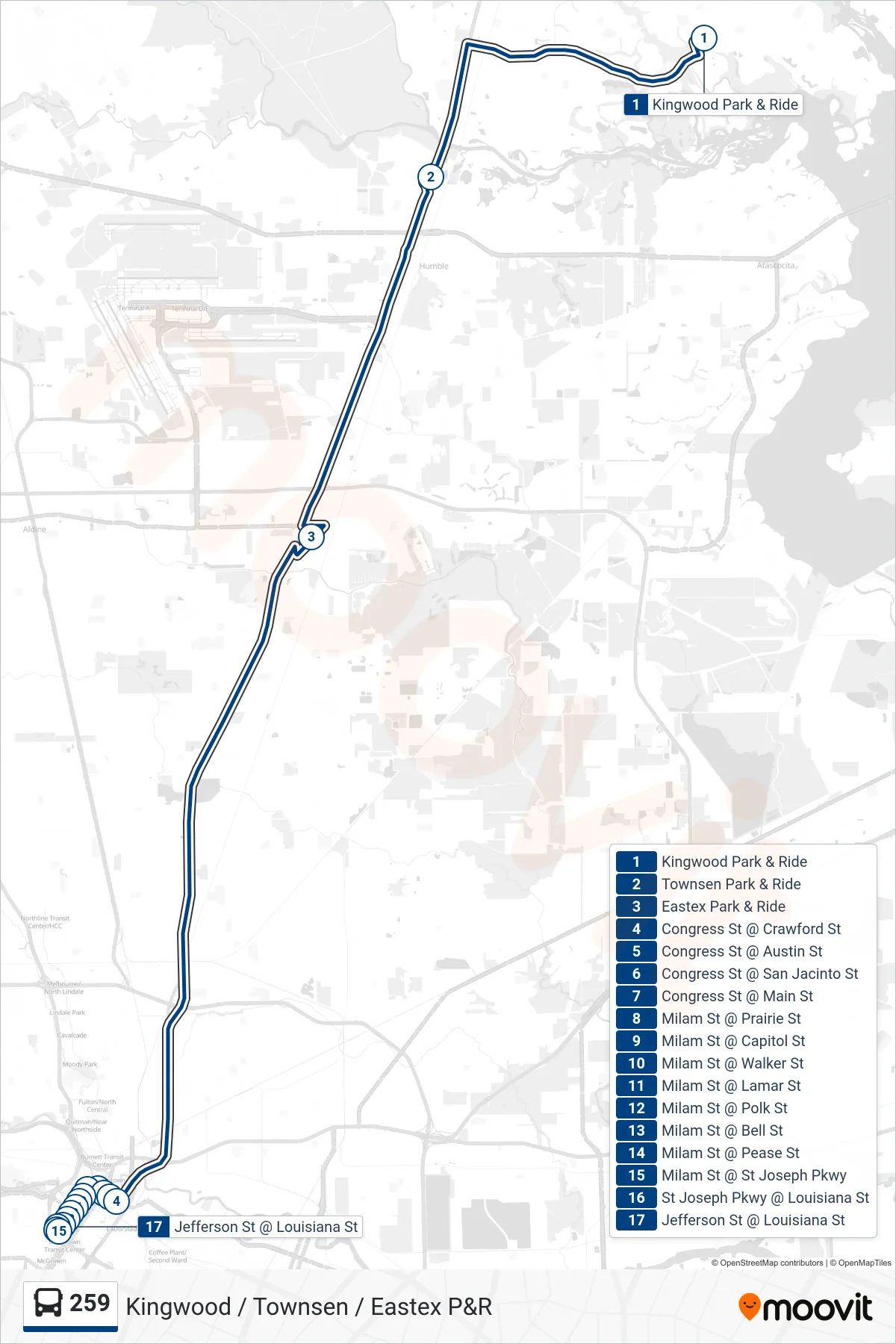 259 bus Line (Kingwood/Townsen/Eastex/Downtown - Inbound) route and stops on a map