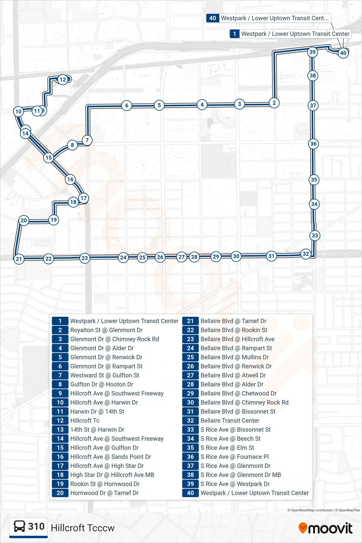 310 bus Line (Hillcroft Tcccw) route and stops on a map