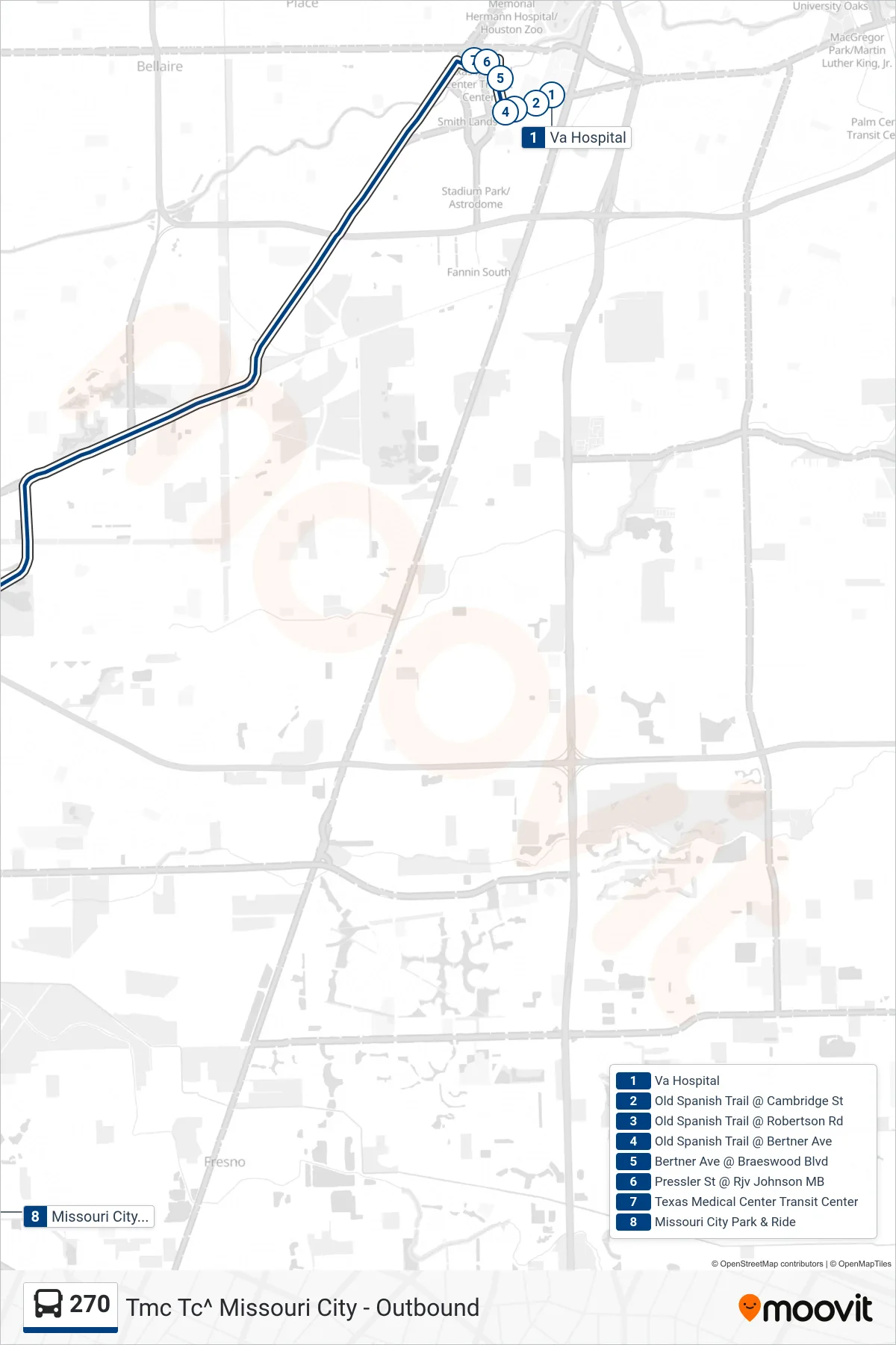 270 bus Line (Tmc Tc^ Missouri City - Outbound) route and stops on a map